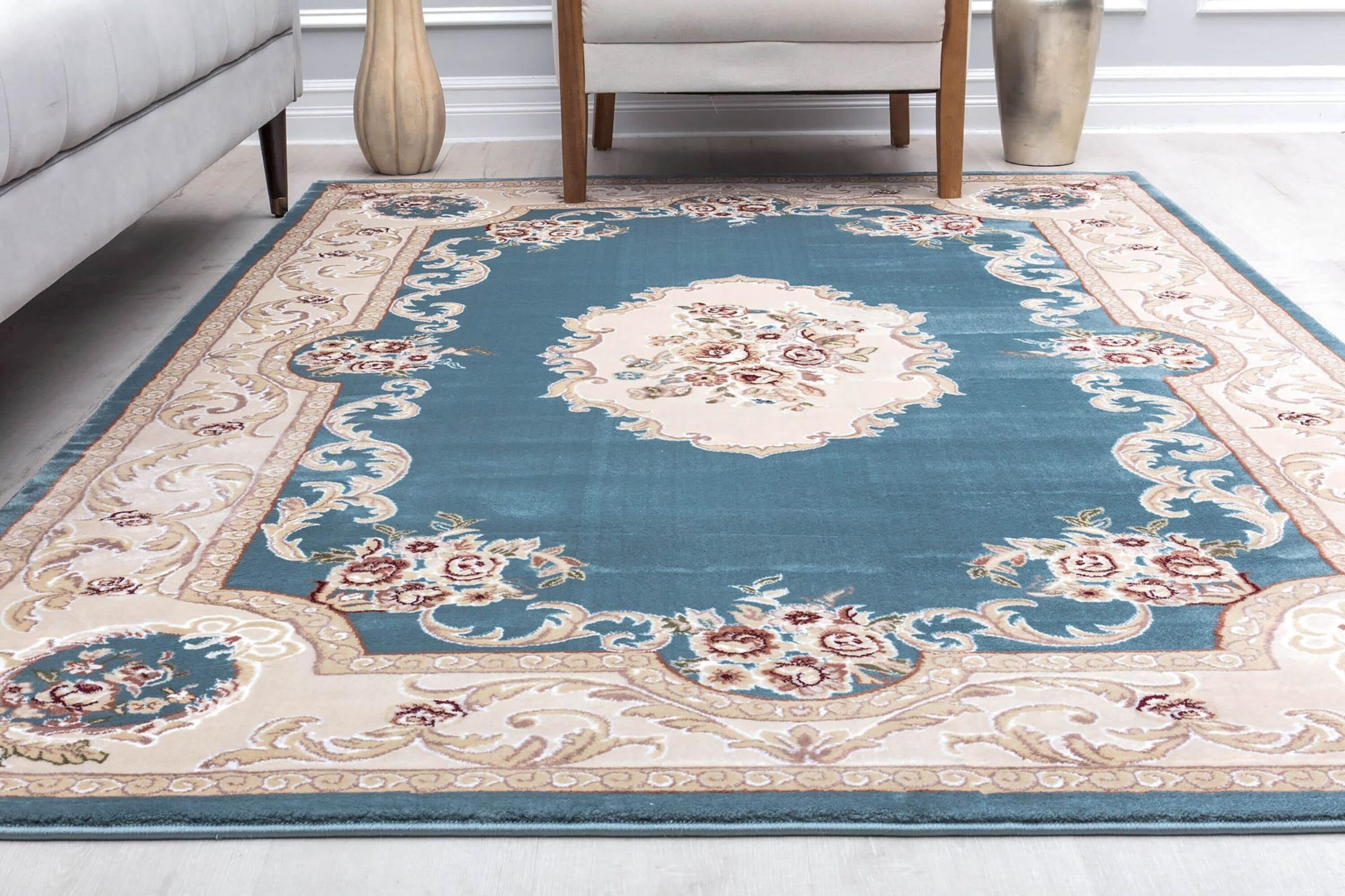 Aubusson Blue and Taupe 5' x 5' Transitional Vintage Area Rug
