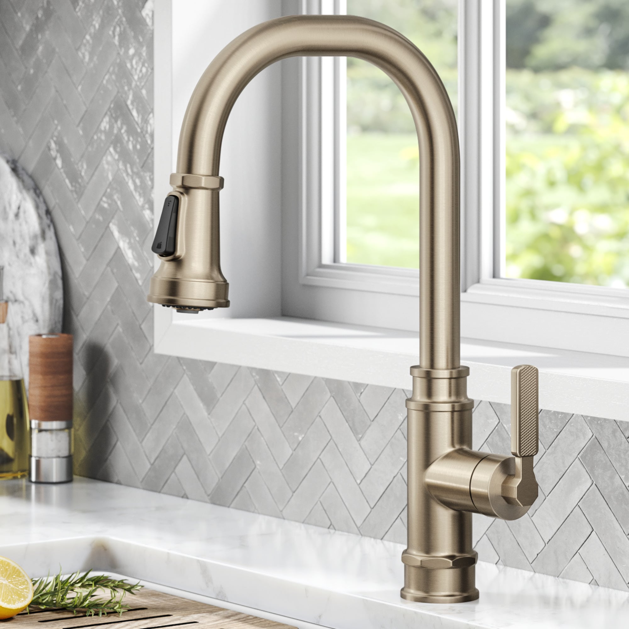 Kraus KPF-4101SFACB Allyn Spot Free Antique Champagne Bronze Single Handle Deck-mount Pull-down Kitchen Faucet with Sprayer