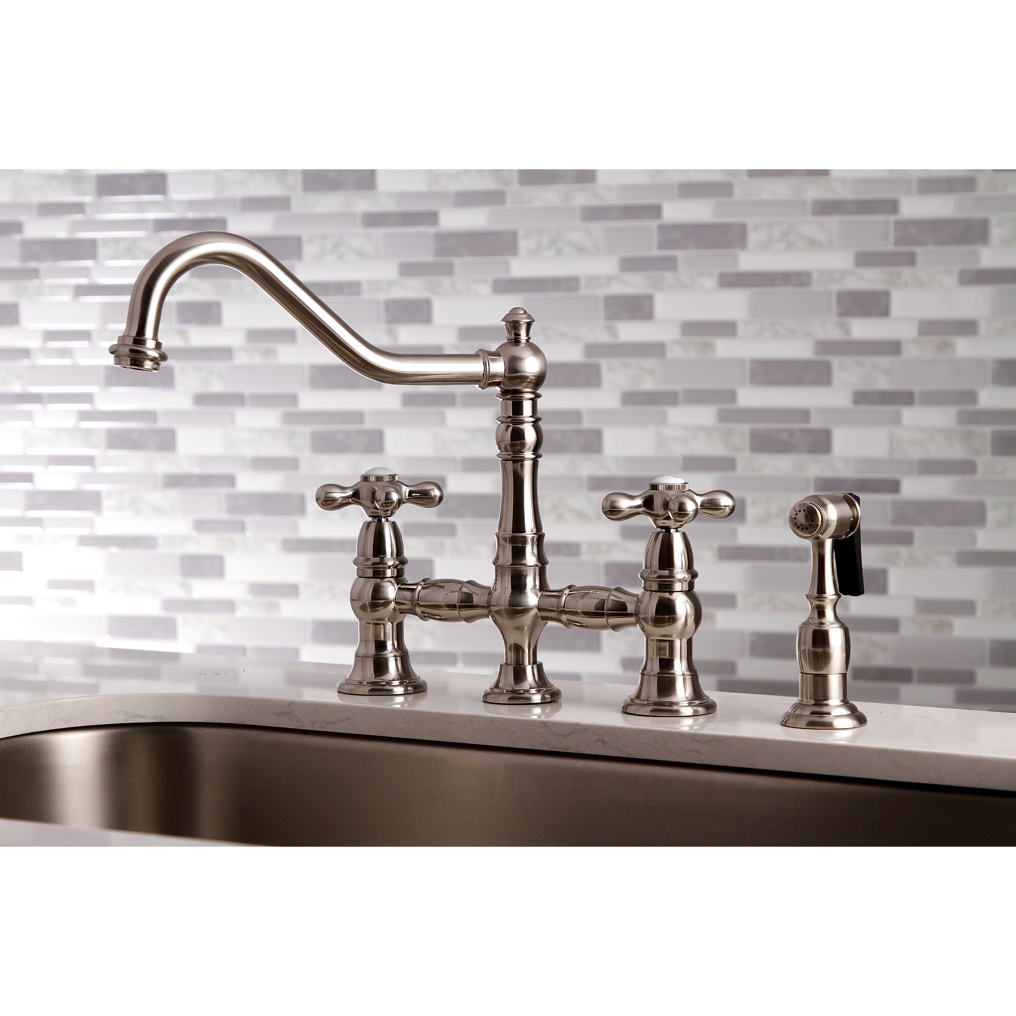 Kingston Brass WLKS3278AXBS Restoration Brushed nickel Double Handle Deck-mount Bridge Kitchen Faucet with Sprayer ( Side Sprayer Included )
