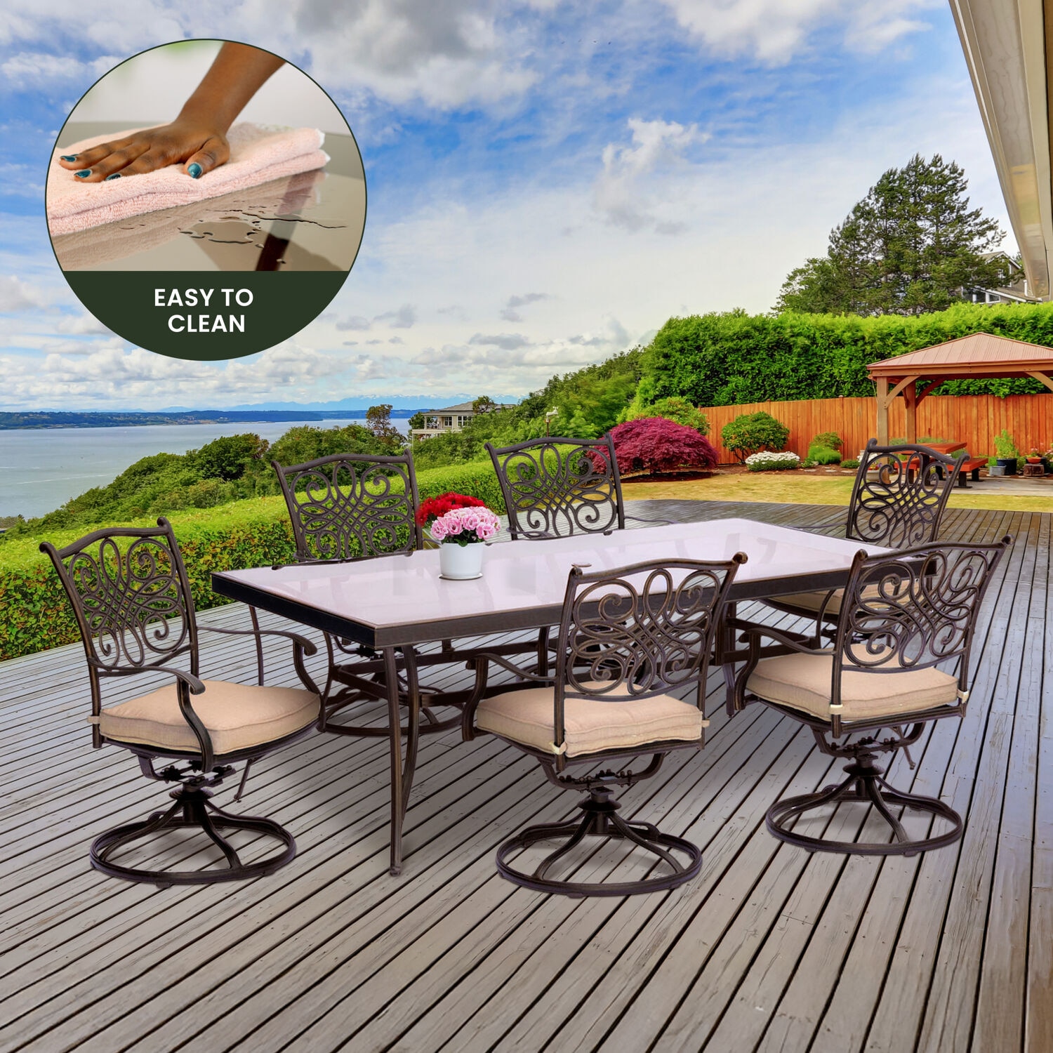 Hanover Traditions Bronze Aluminum 7-Piece Dining Set with Tan Cushions