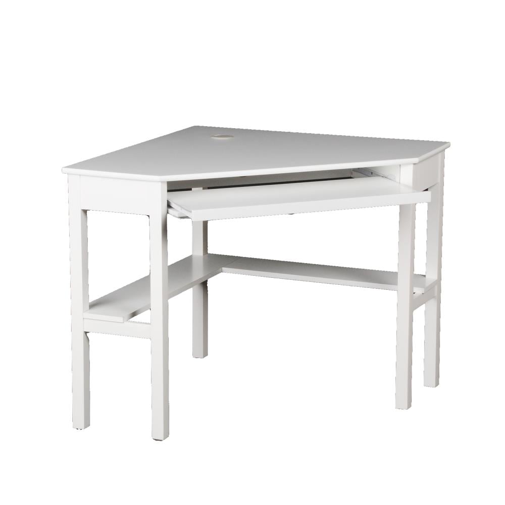 Modern White Wooden Corner Desk with Keyboard Tray and Drawer