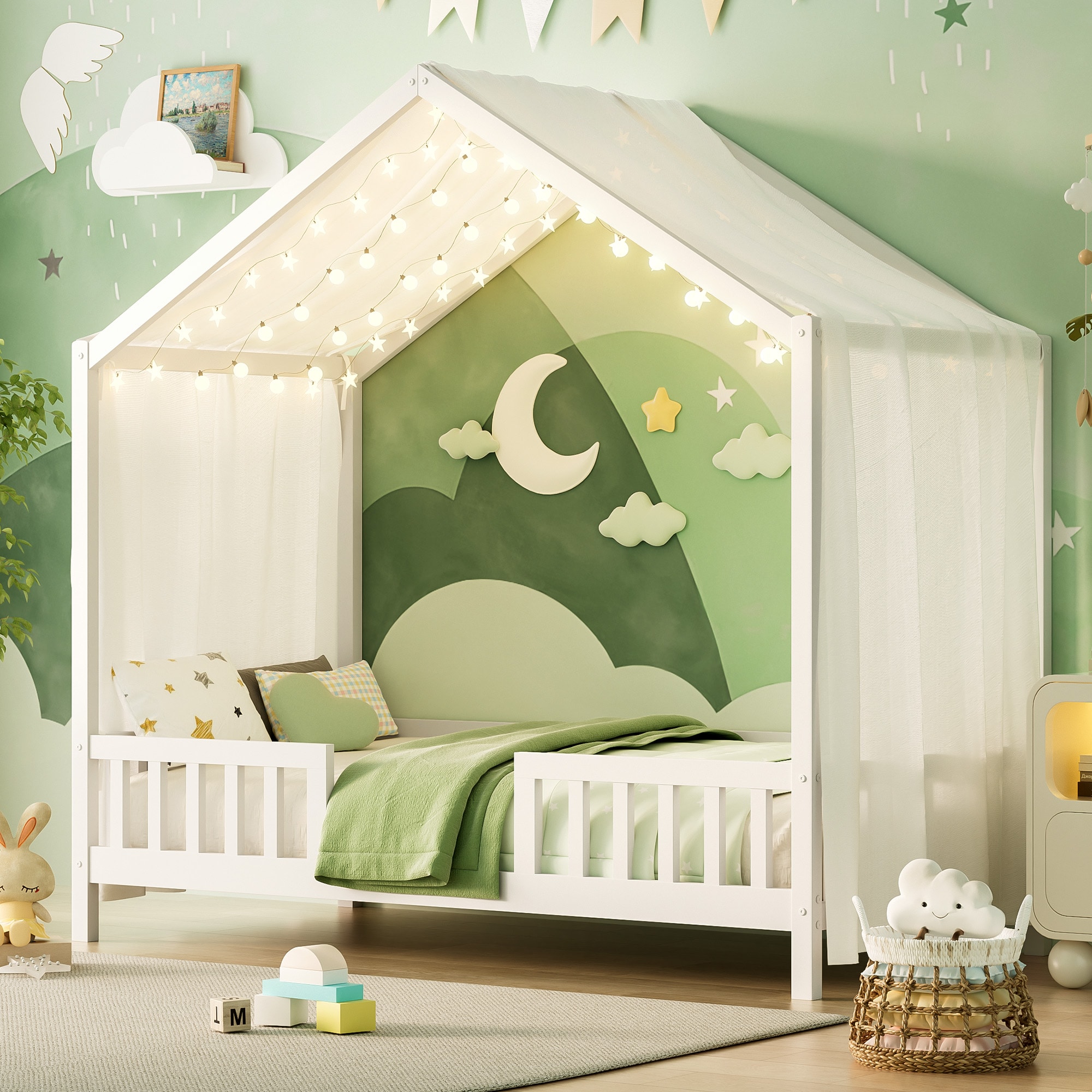 ModernLuxe L3P-N733P356043K Montessori Floor Bed with Canopy Twin Bed Frame for Kids House Shape Toddler Bed Frame with High Railings Wood Kids Bed with Roof Kid Twin Bed White