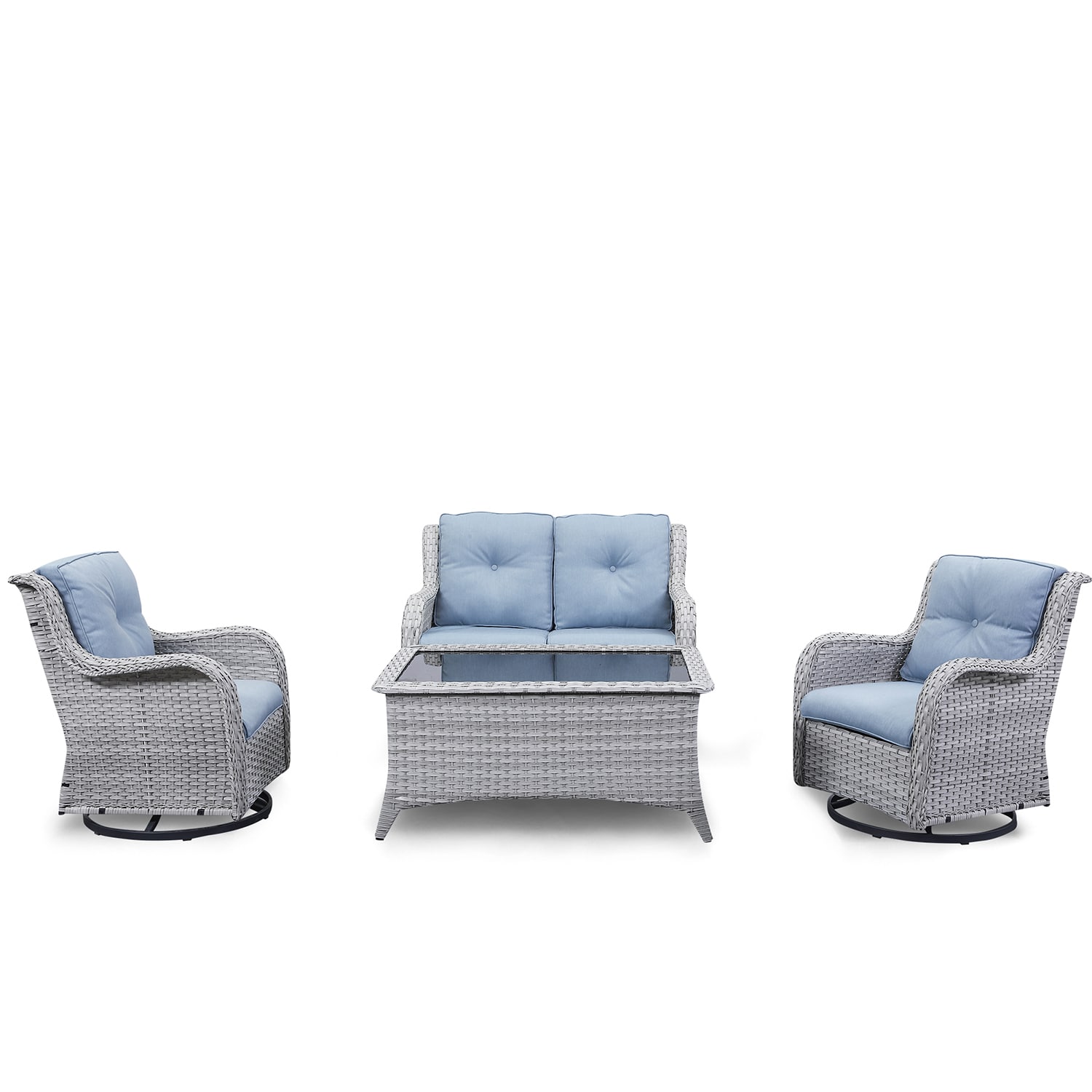 Rilyson FS71077078-BB Curved Handrail 4 -Piece Wicker Patio Sofa Conversation Set with Blue Cushions