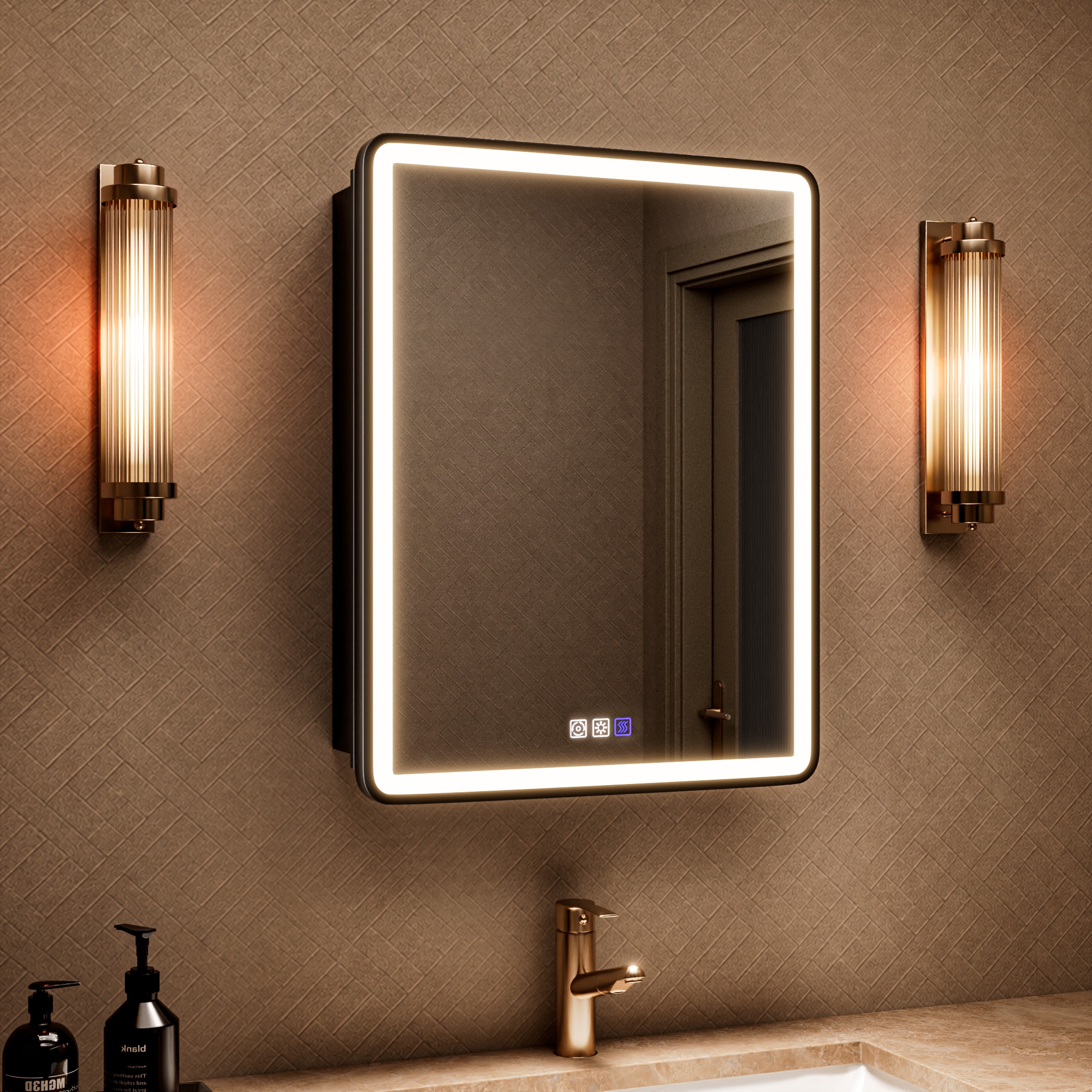 ExBrite 20-in W x 26-in H Lighted LED Fog Free Surface/Recessed Mount Mirrored Rectangle Soft Close Black Medicine Cabinet with Outlet