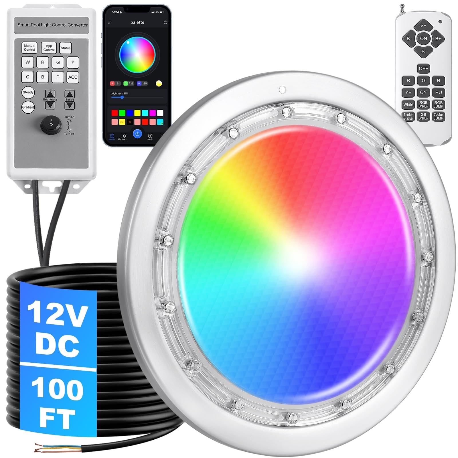 Oyezvary 1 Piece LED Pool Light 60W 10 Inch Inground Light 100FT Cord RGB Flush Mount IP68 Stainless Steel Remote APP Control for Wet Niche #LOZ0430A24