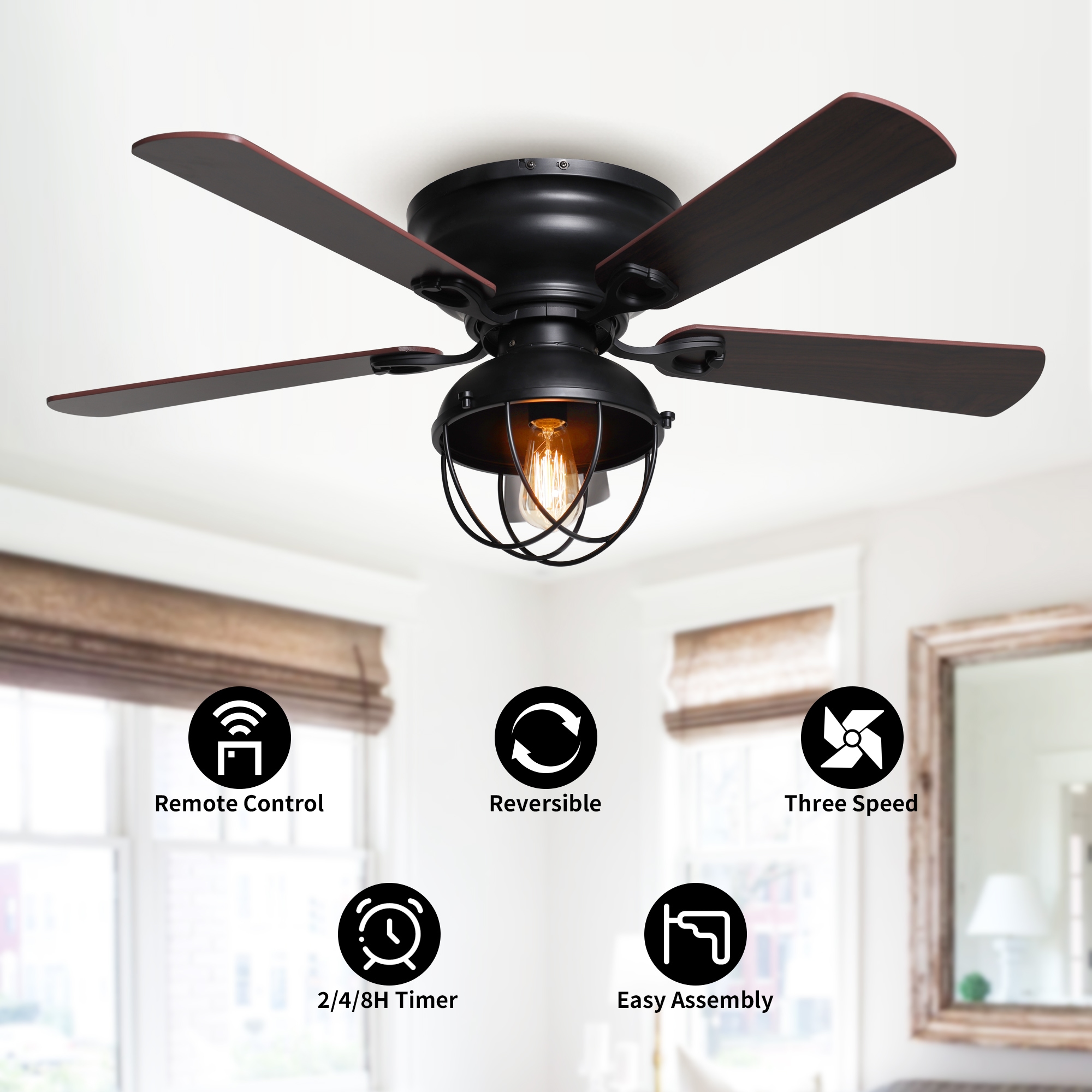 Matrix Decor 42-in Black with Brown Blades LED Indoor Flush Mount ...