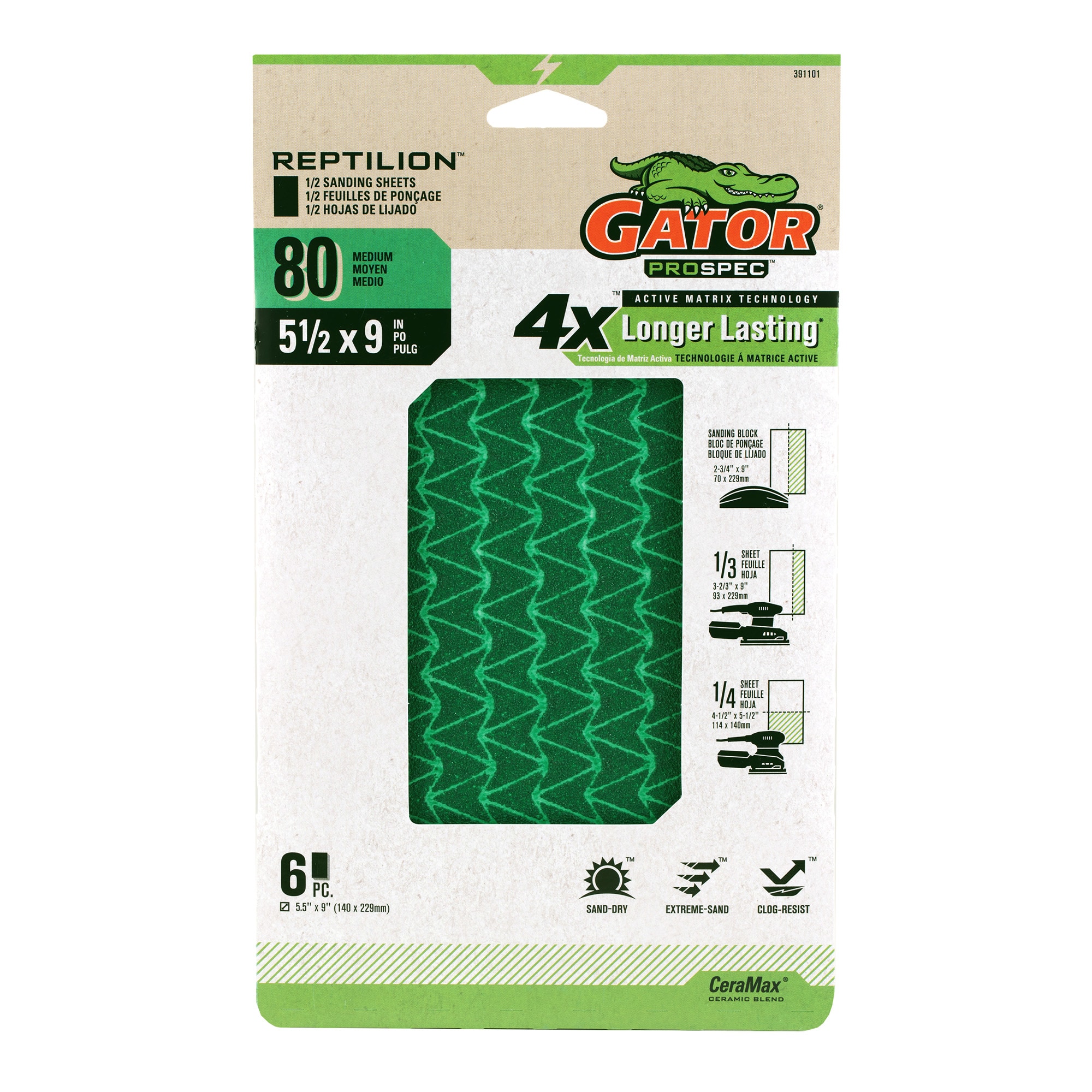 Gator 391101 Reptilion 6 -Piece Ceramic alumina 80 -Grit Sheet Sandpaper