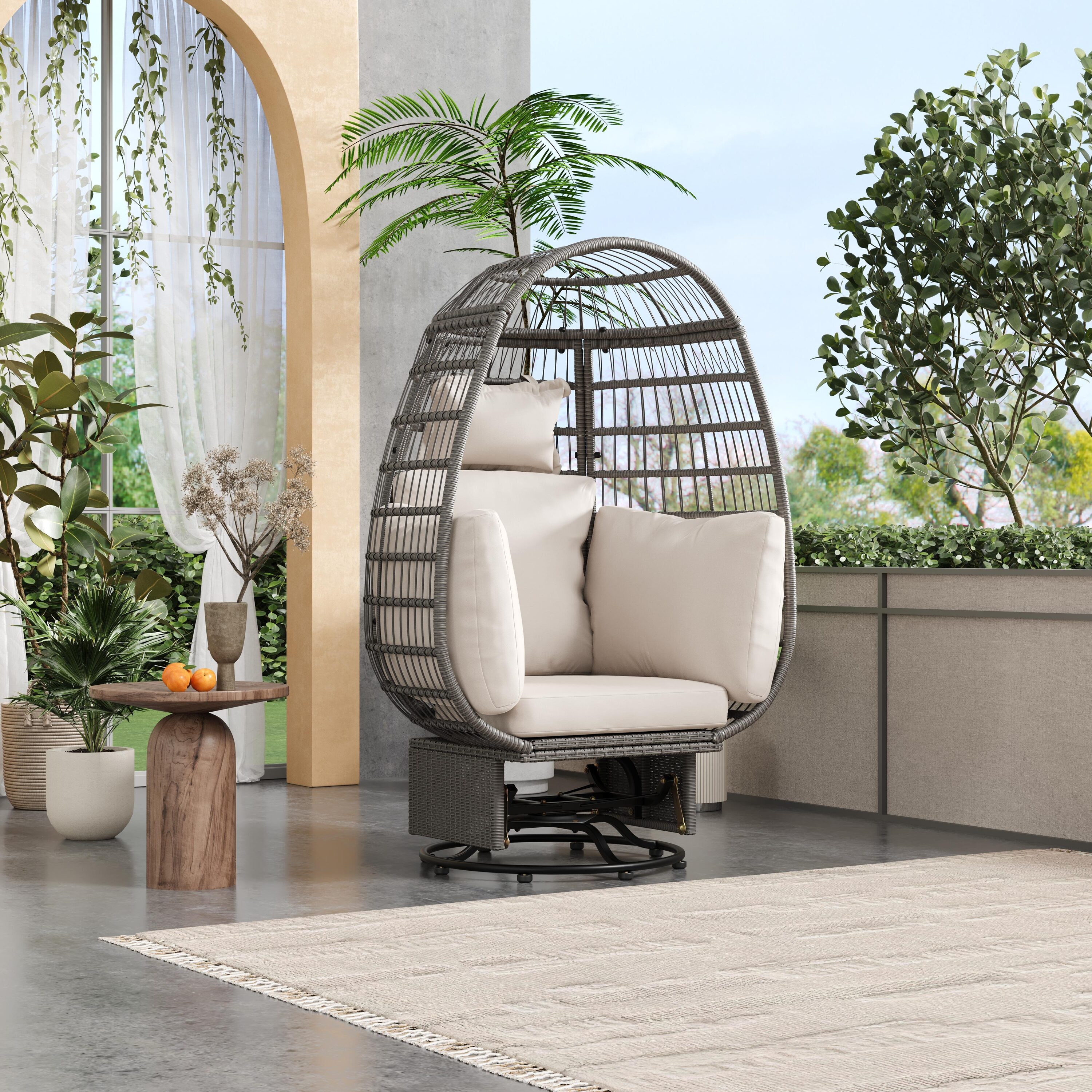 Bayfeve BFTM-105A-PC Grey Wicker Swivel Rocking Egg Chair with Beige Cushions Wicker Gray Wicker Frame Swivel rocker Egg Chair with Off-white Cushioned Seat