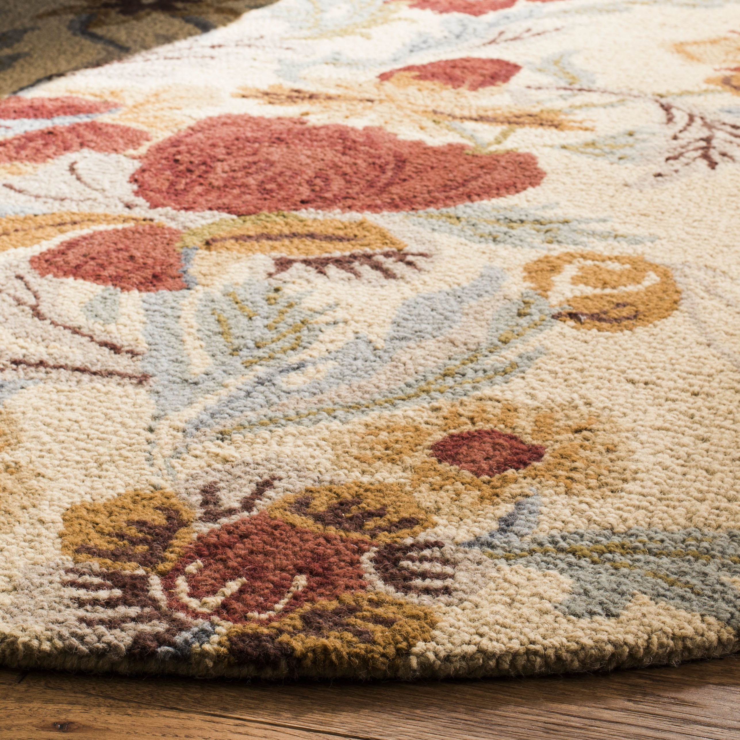 Handmade Tufted Floral Blue Round Wool Rug - 72 in