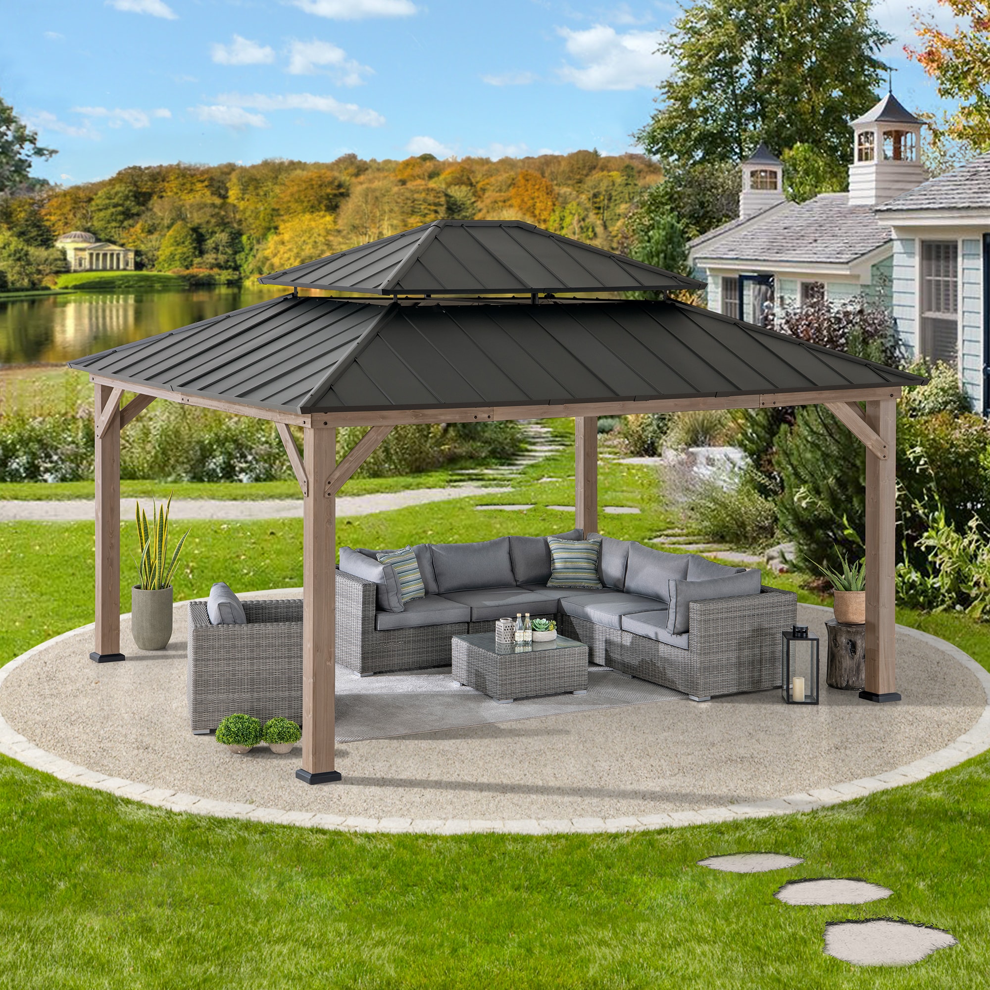 Cedar Framed Brown Steel 13x15 ft. Outdoor Patio Gazebo