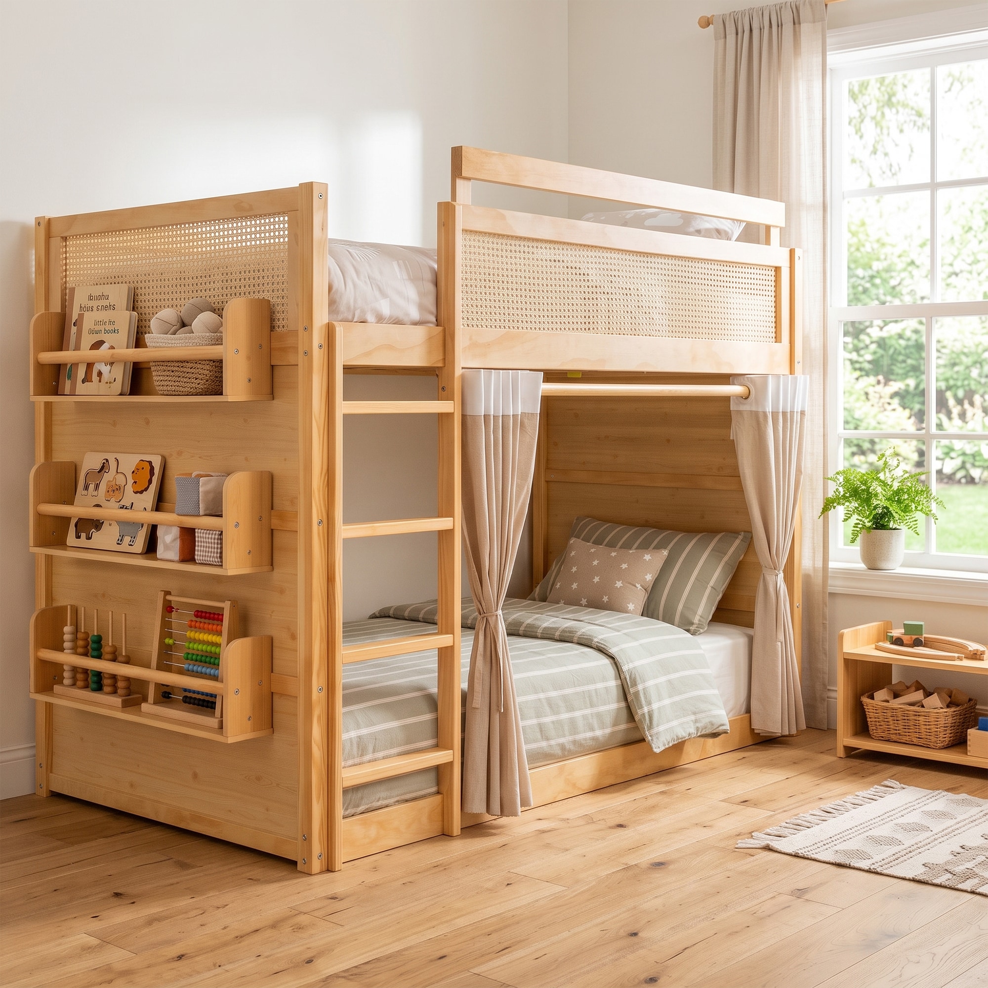 Qualler Bunk Bed with Rattan Decor Storage Curtains and Lights