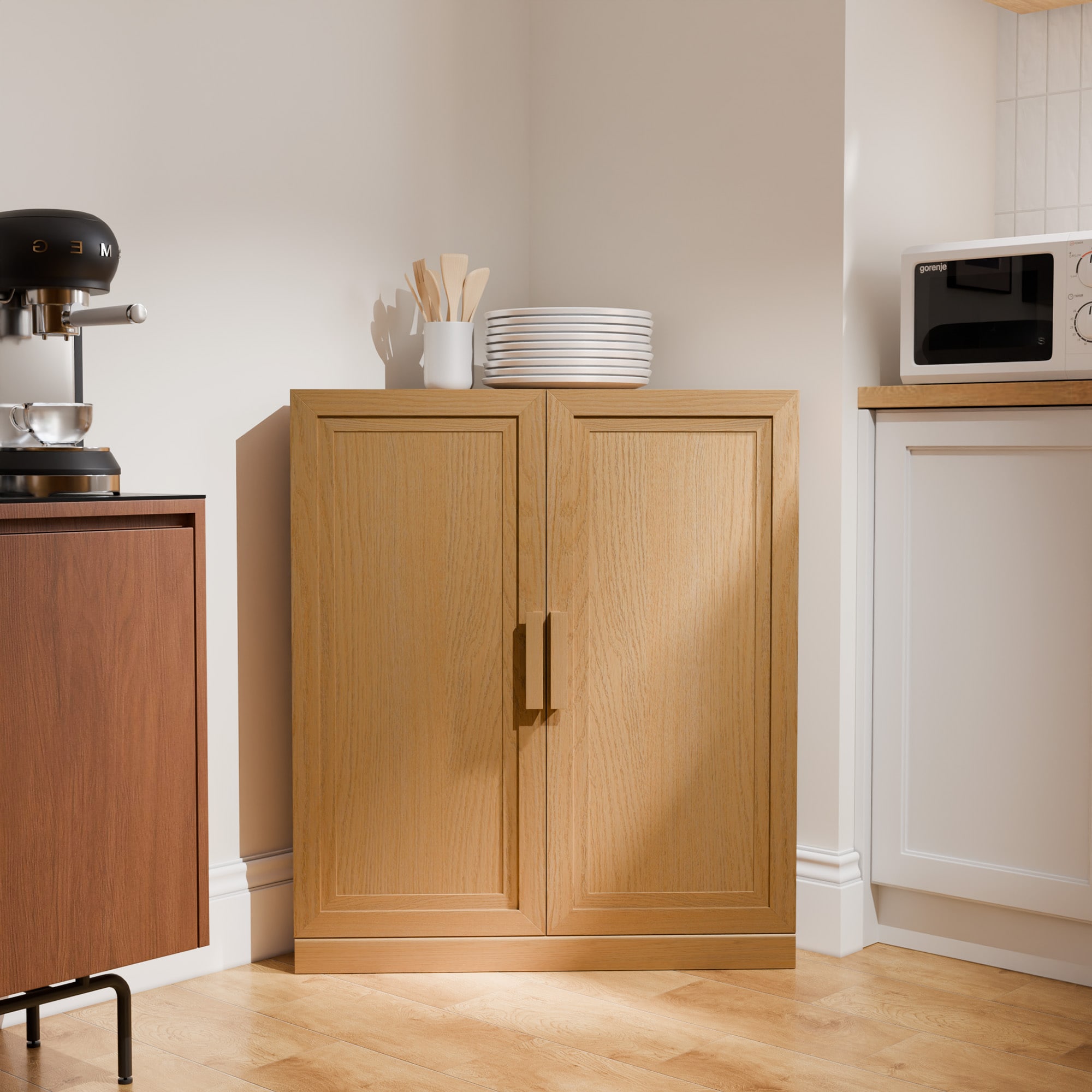 REIBII Natural Wood Corner Accent Cabinet with Doors Space-Saving Storage Accent Cabinet 16-inDx31-inWx36-inH