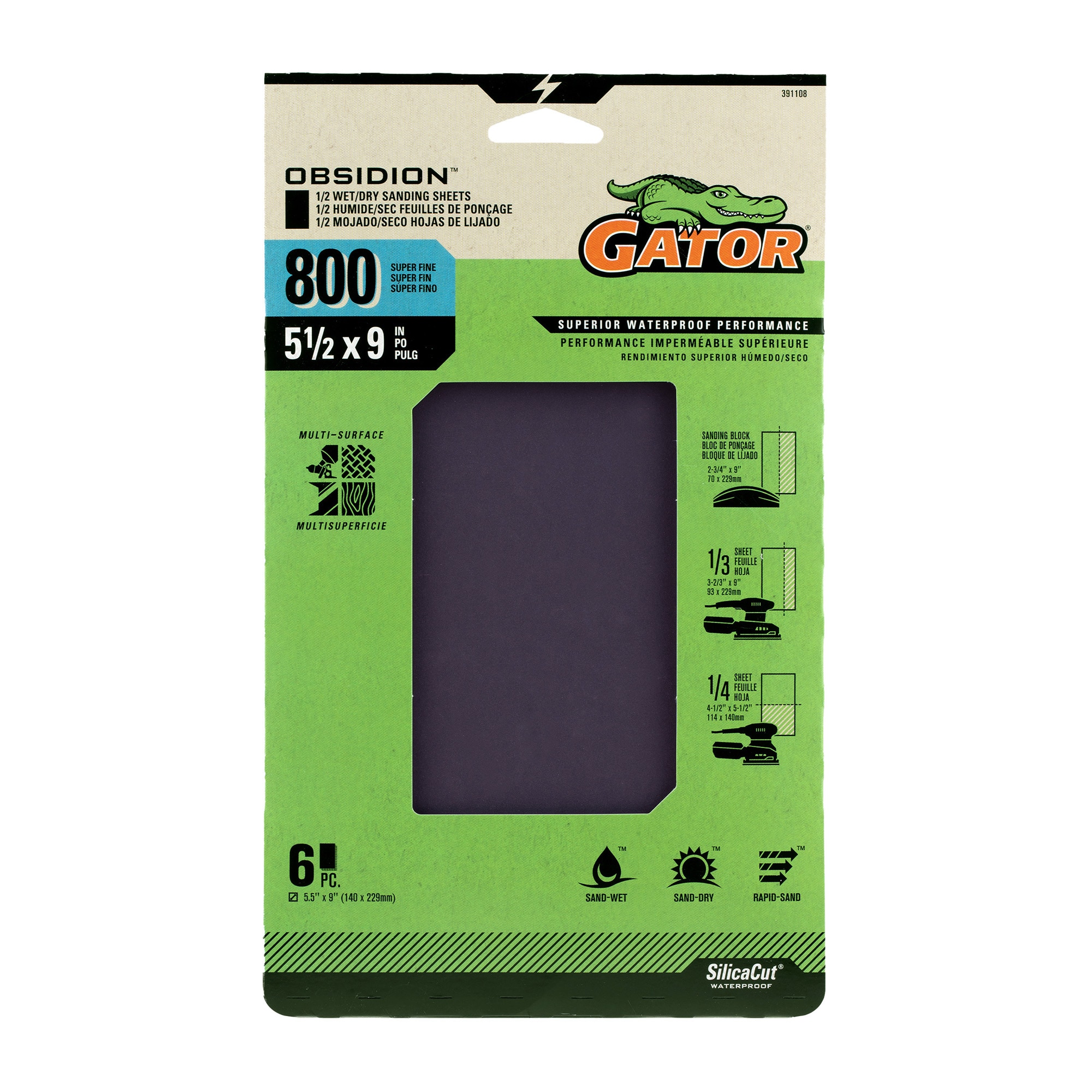 Gator 391108 Obsidion 6 -Piece Silicon carbide 800 -Grit Sheet Sandpaper