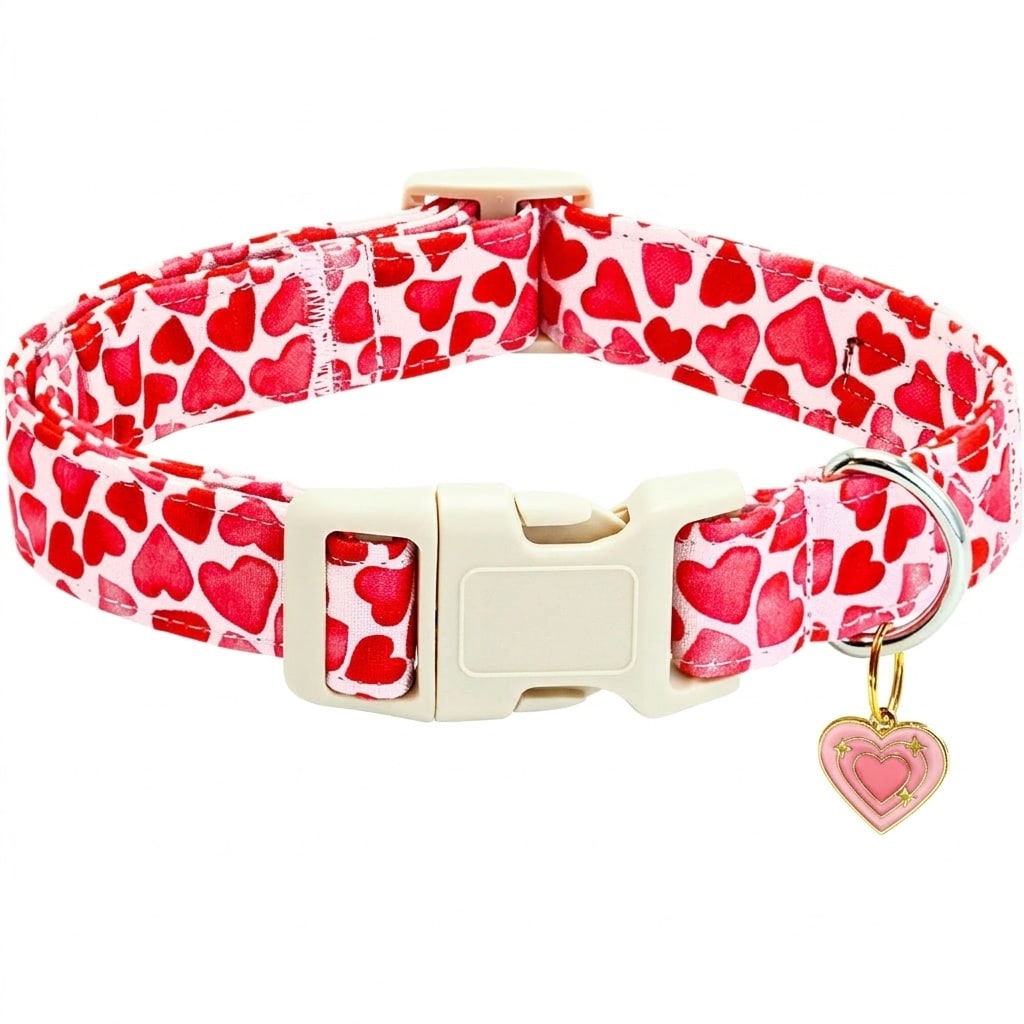 Anqtovp  Red Hearts Adjustable Dog Collar Pure Cotton Soft Material for Small Medium Large Dogs Heavy Duty Plastic Buckle Holiday Pet Gift