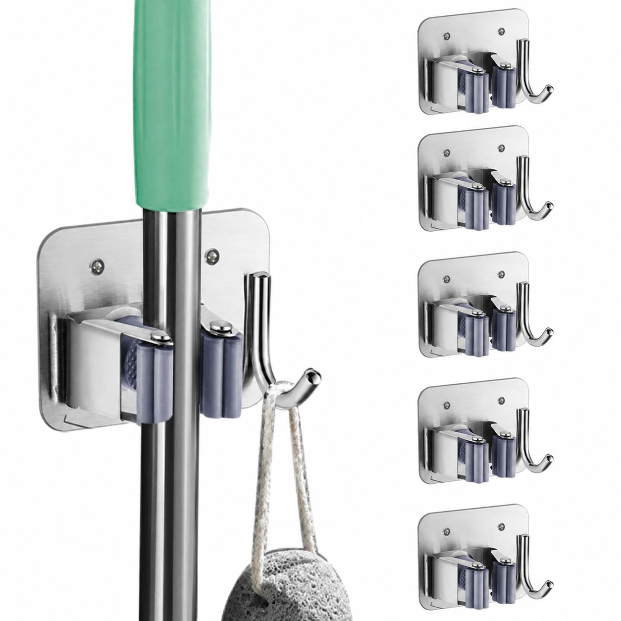 Ahfiwaso 5 pack stainless steel wall mount mop broom holder organizer heavy duty tool rack with hooks for bathroom kitchen garage laundry office