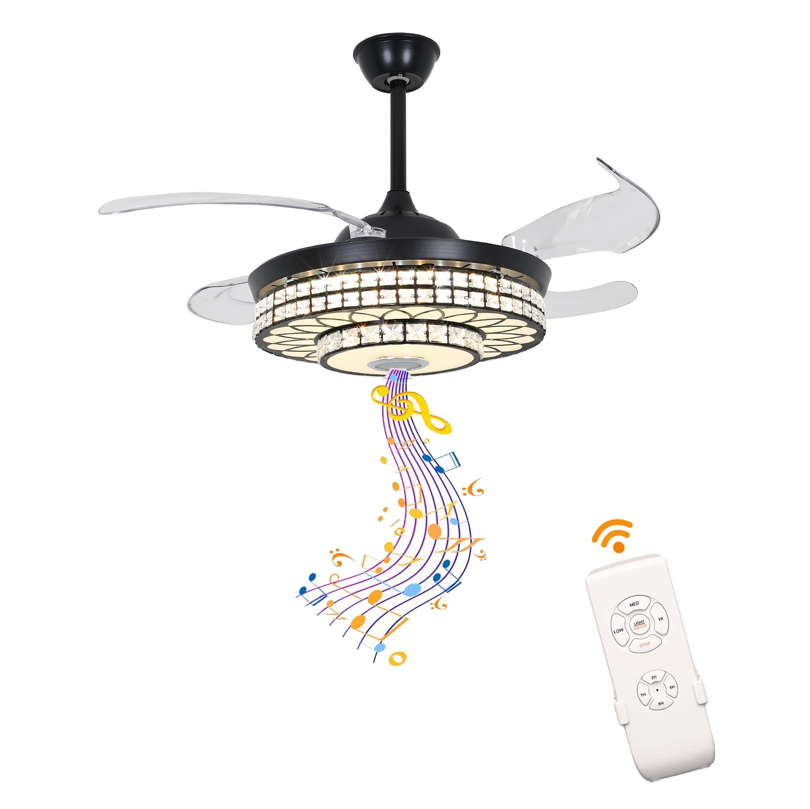 Oukaning JZUCODB6NSHCX 6-speed Reversible 42-in Color-Changing 42-in Black 2-layer Crystal Bluetooth with ABS Blades Chandelier Ceiling Fan With Light - Remote Included ( 4 -Blade )