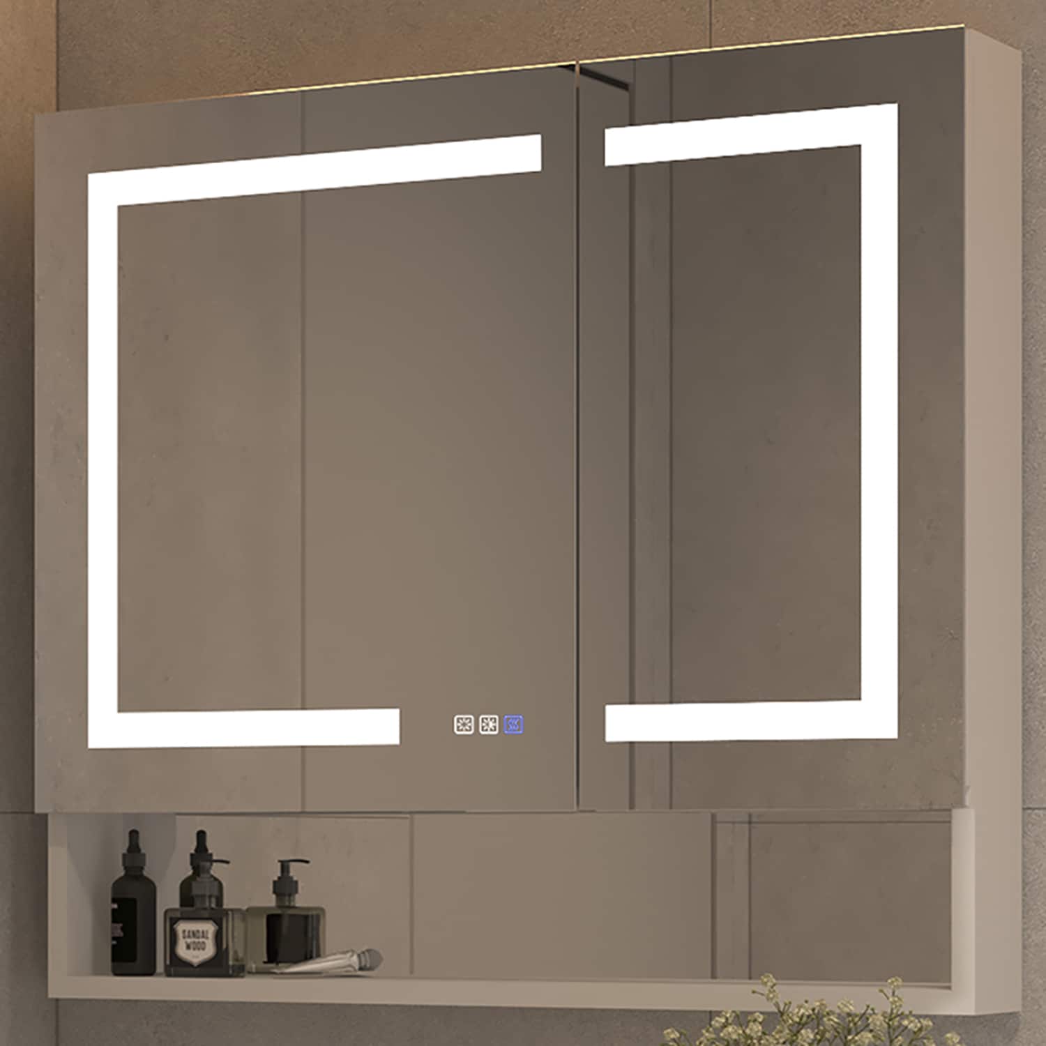 waterpar WPLO-3632V5FX 36-in x 32-in Lighted LED Fog Free Surface Mount Silver Mirrored Rectangle Soft Close Medicine Cabinet with Outlet