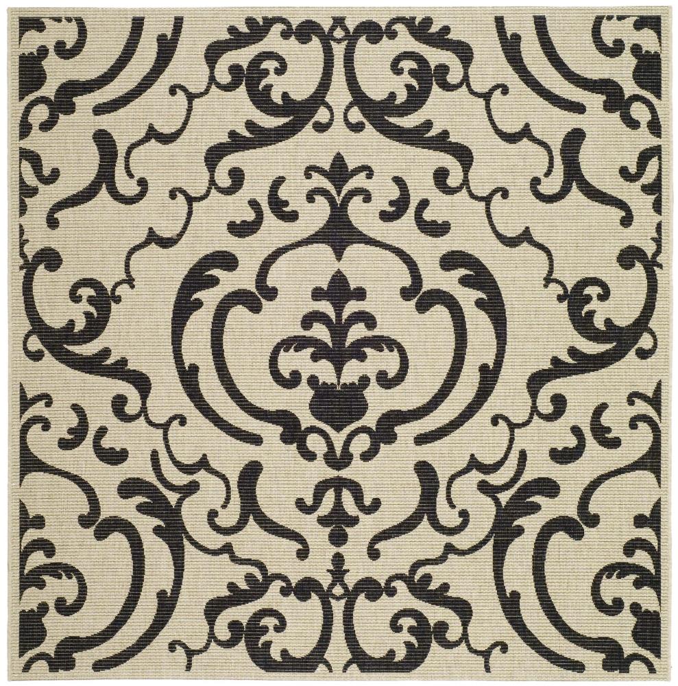 Safavieh CY2663-3901-8SQ Courtyard Damask Medallion 8 x 8 (ft) Loomed Polypropylene Sand/Black Square Indoor/Outdoor Floral/Botanical Coastal Area rug