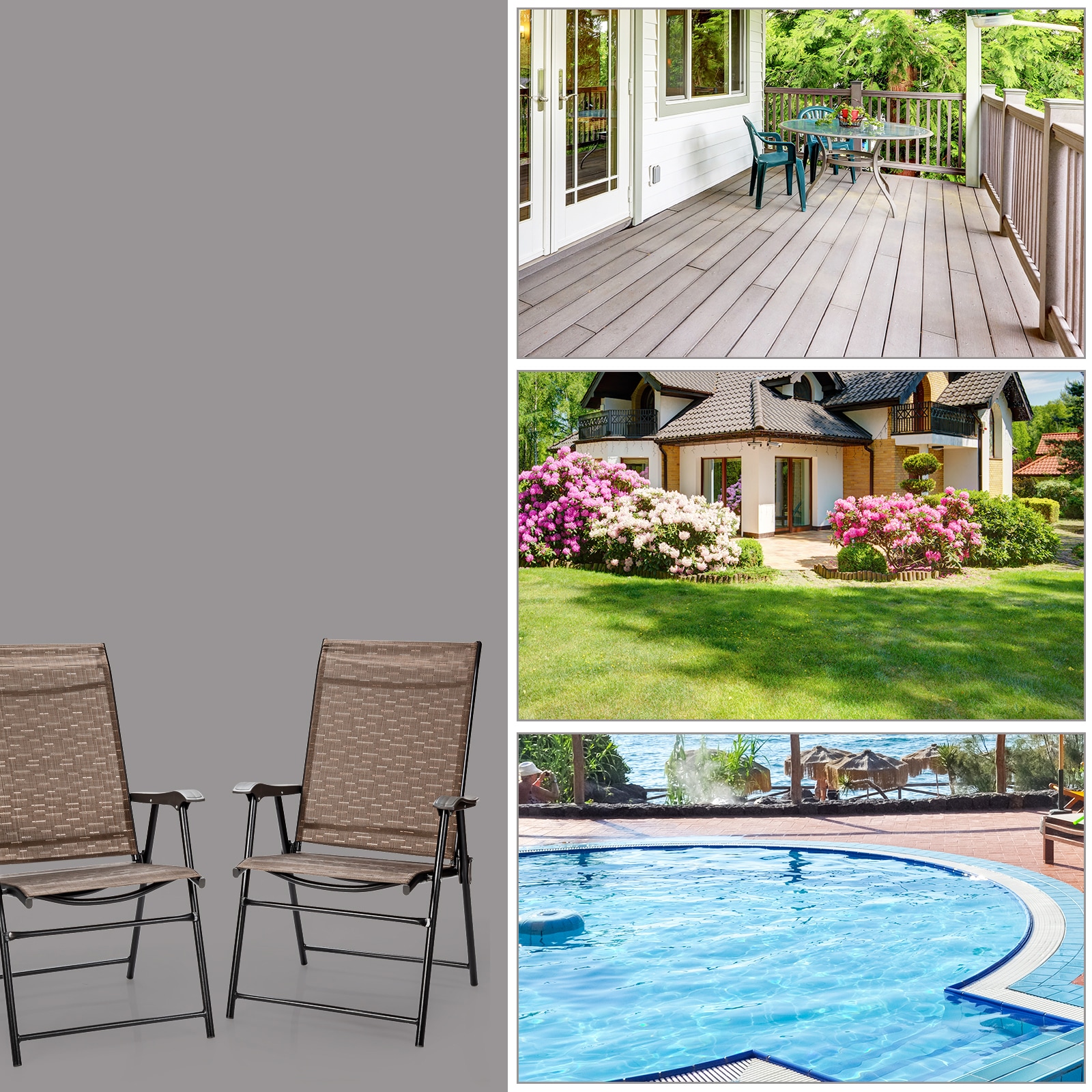 Brown Steel Frame Foldable Patio Dining Chairs with Mesh Seats, Set of 2