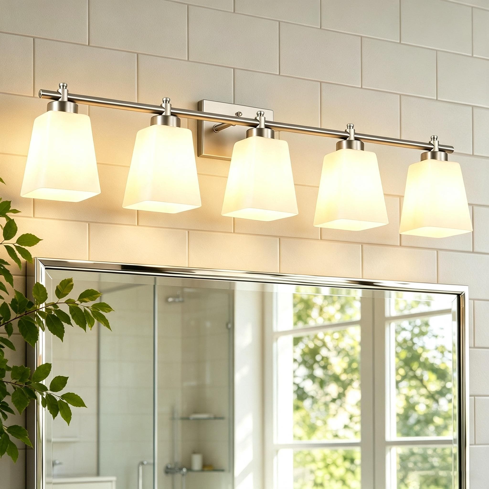GIBUOD Modern Elegant 36 in. 5-Light Vanity Light Brushed Nickel with White Glass Shades for E26 Bulbs Bathroom Light Fixture