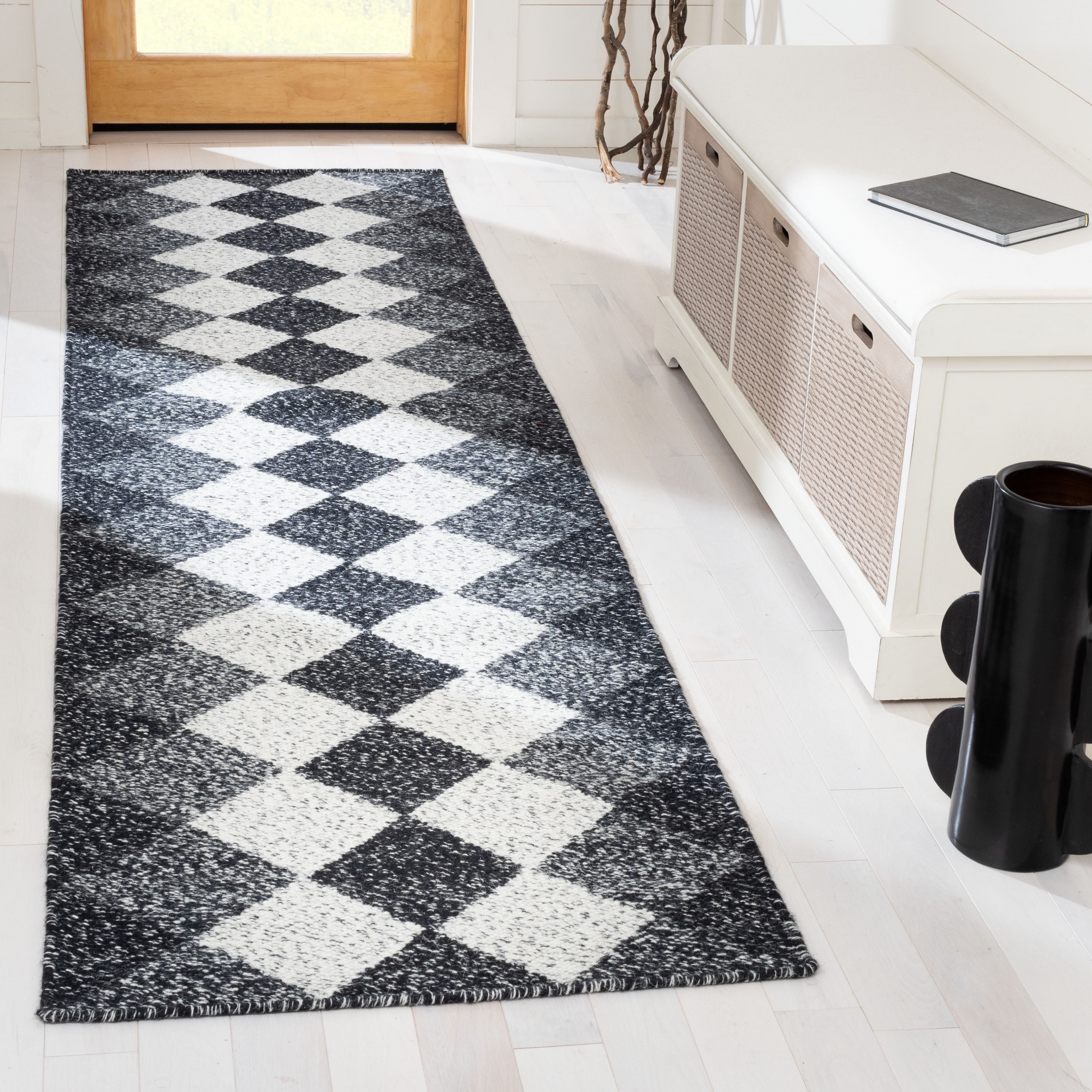 Nomadic Essence Handwoven Black & Ivory Wool Runner Rug - 2'3" x 9'