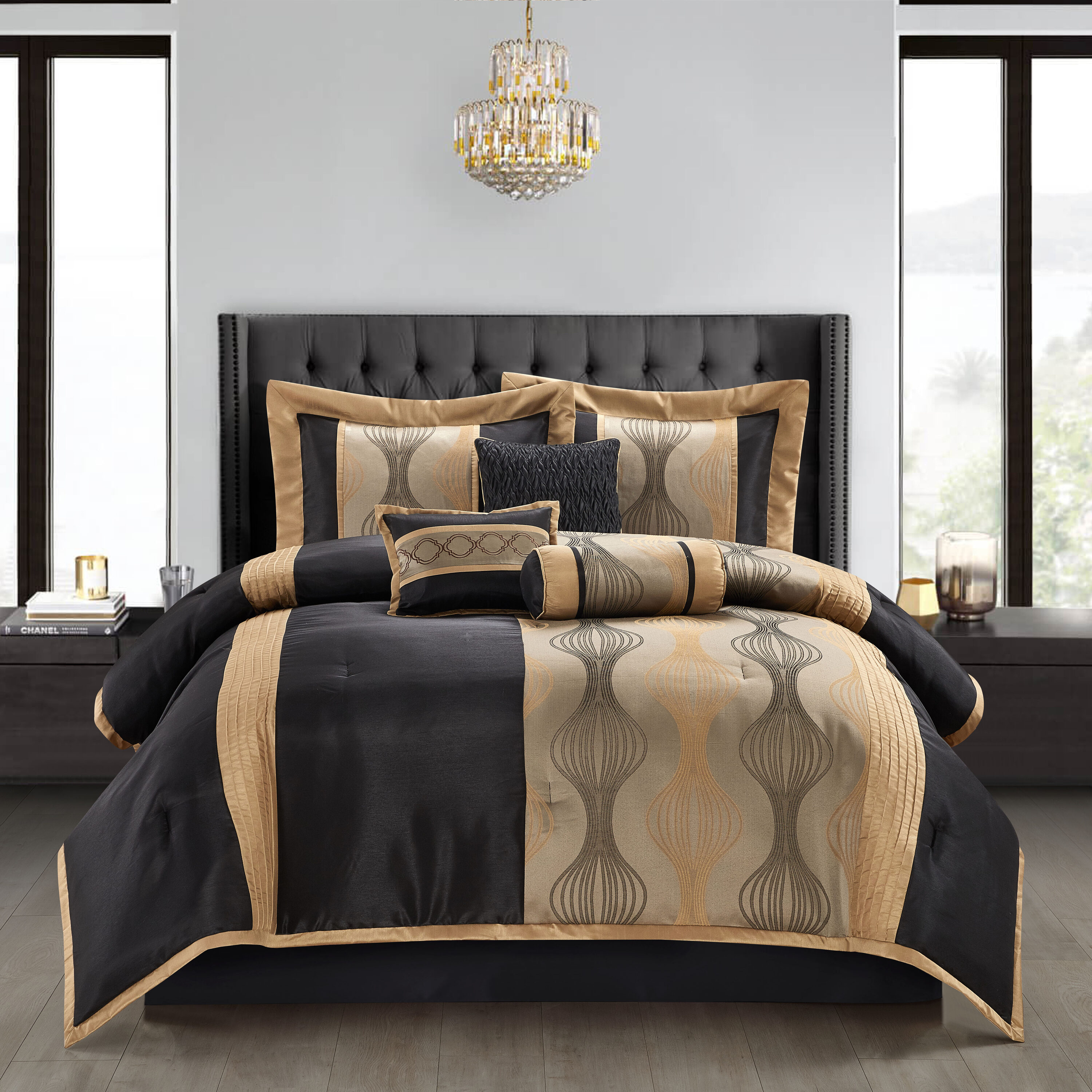 Nanshing KATH-Q-BGLD 7 -Piece Black/Gold Queen Comforter Set