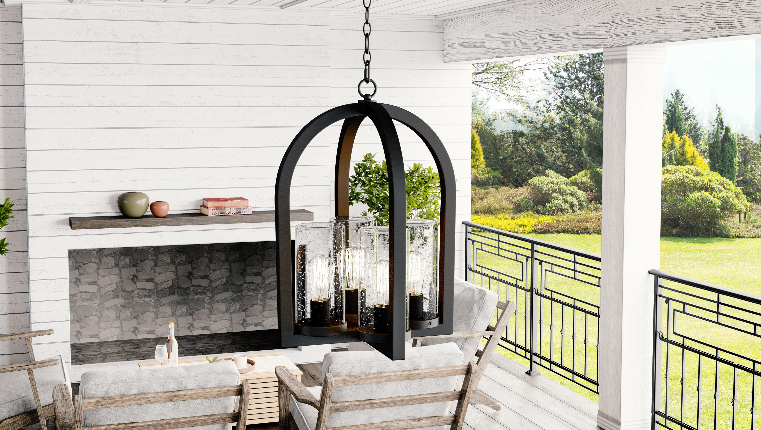 Quoizel Ayden 4 Light Matte Black Transitional Clear Glass Geometric Outdoor Hanging Pendant