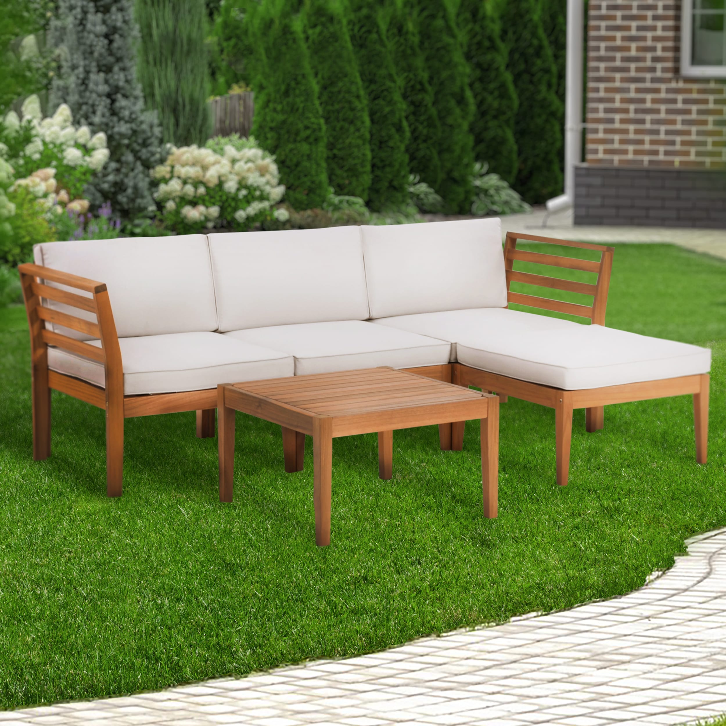 Werph SCR5W-12 Outdoor patio furniture Outdoor Sofa with Off-white Cushions and Wood Frame