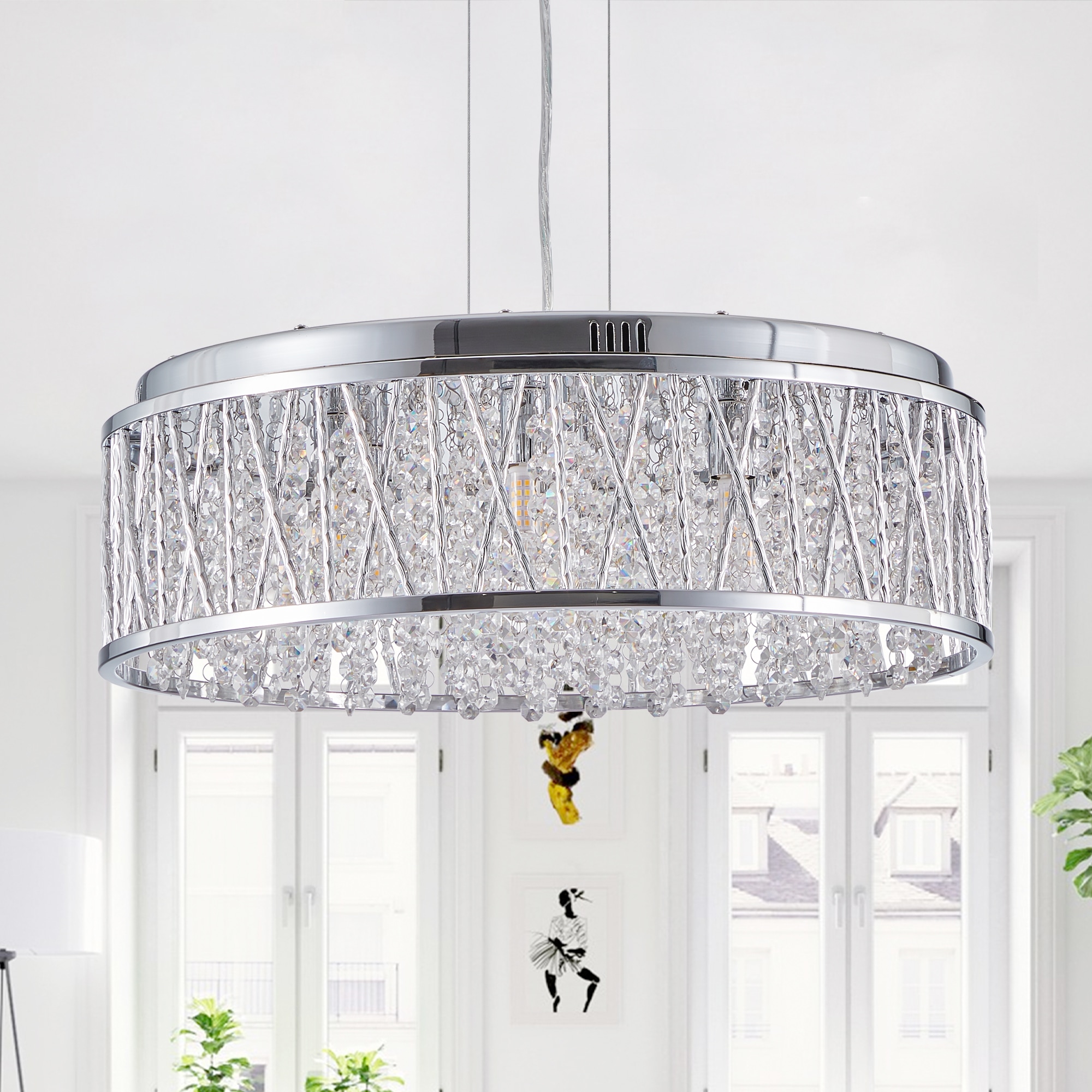 YOTOO 18.9 Inch Modern Chrome Round Crystal Chandelier 7 Light Drum Pendant Light Adjustable Hanging Wire G9 Socket Bulbs Not Included For Dining Room Living Room Foyer