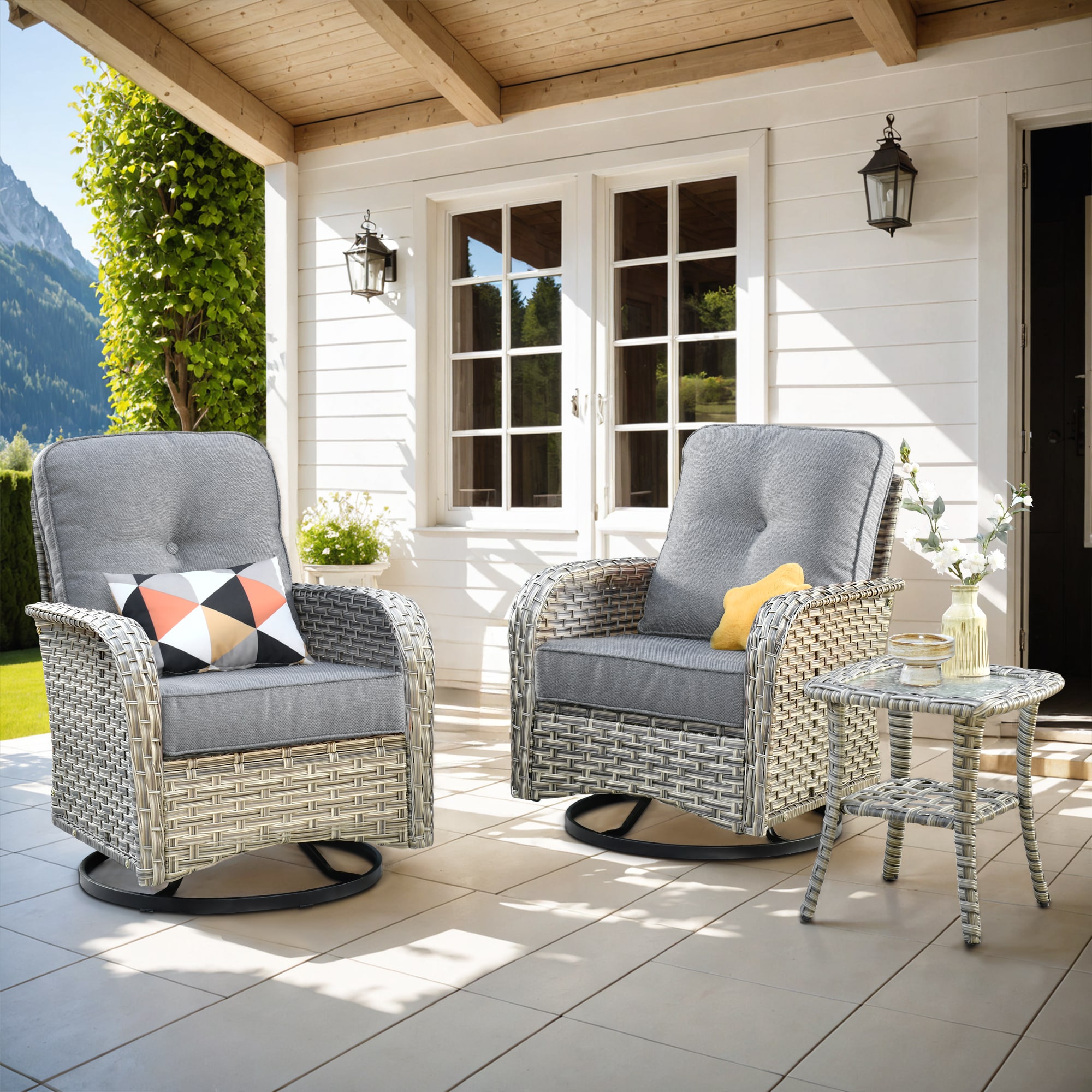 Pouuin SYZVC203 3 -Piece Wicker Patio Conversation Set with Dark Gray Cushions