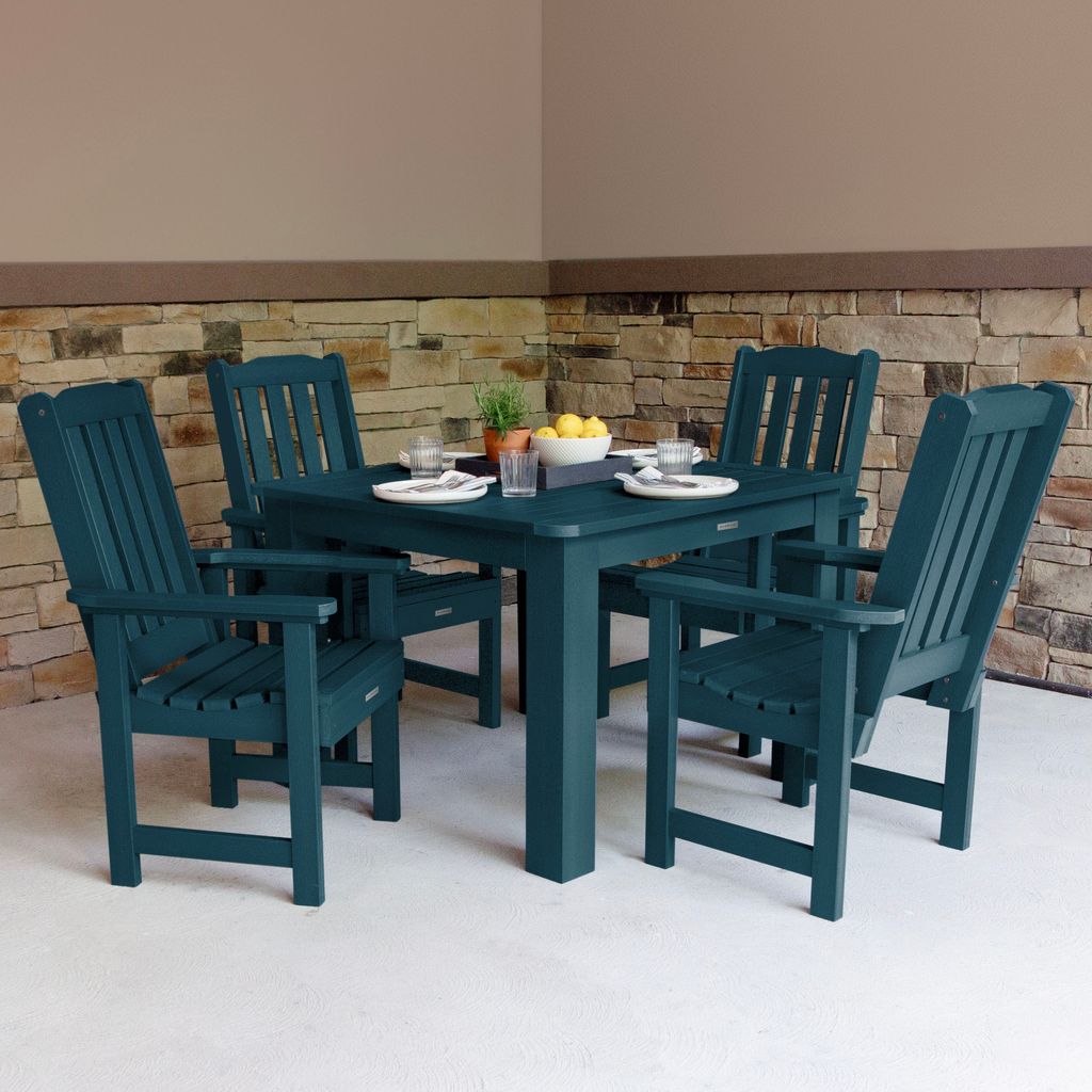 highwood AD-DNL44-NBE The Lehigh 5 -Piece Nantucket Blue Patio Dining Set Plastic Square Table with 4 Stationary Chairs