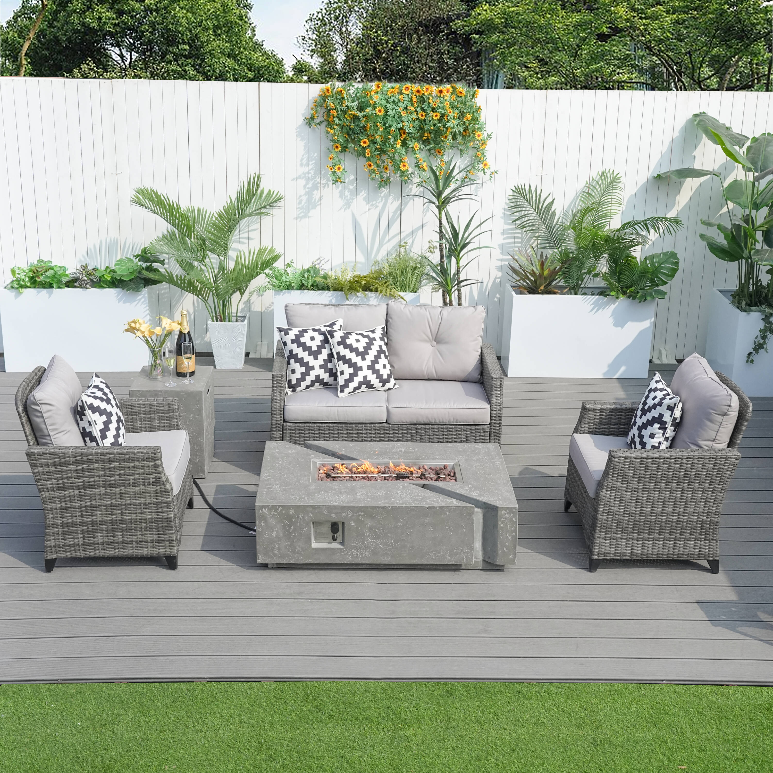 Direct Wicker DWG-1801P&24913-G 5-Piece Wicker 3 Patio Conversation Set with Gray Cushions