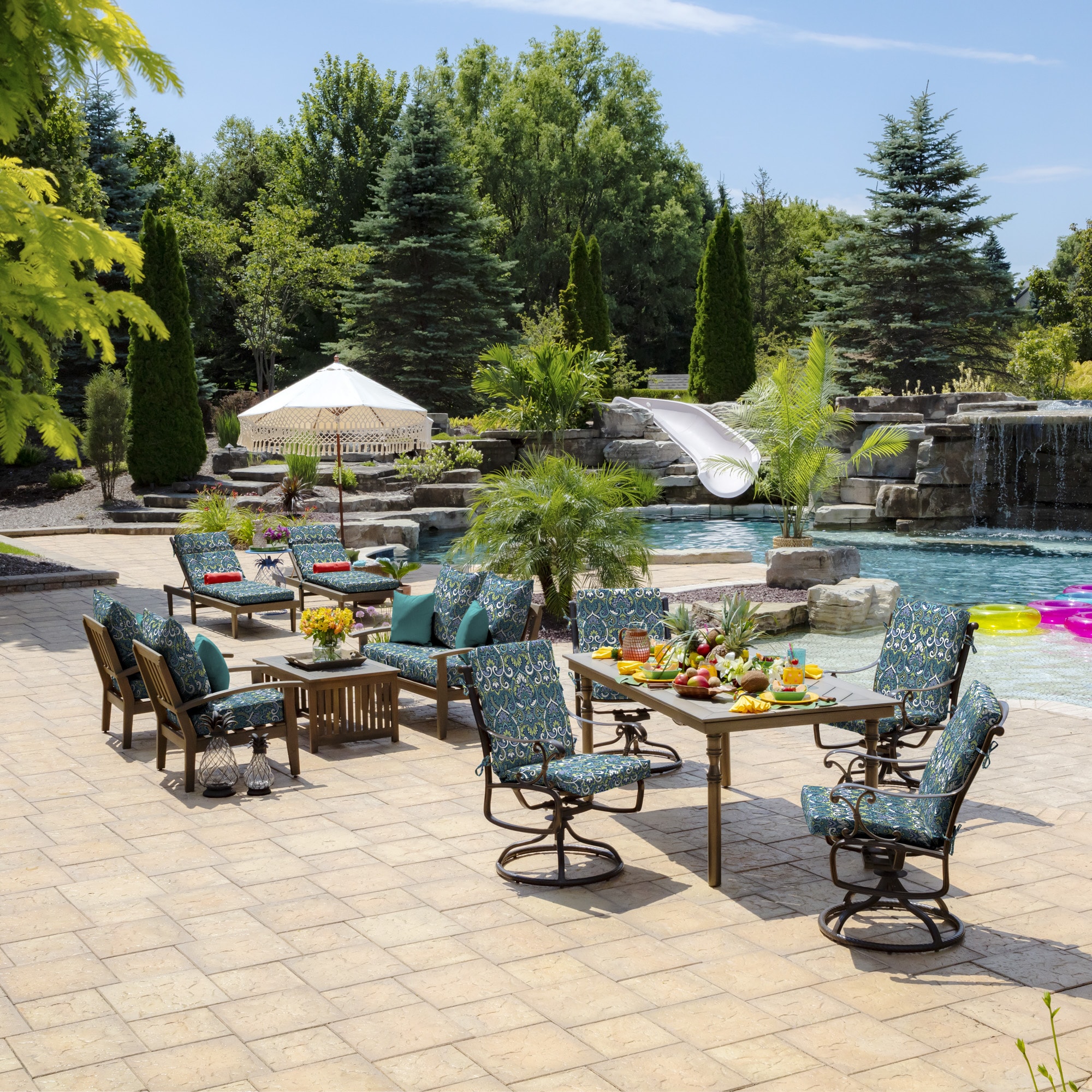 Sapphire Aurora Blue Damask Outdoor Chaise Lounge Cushion