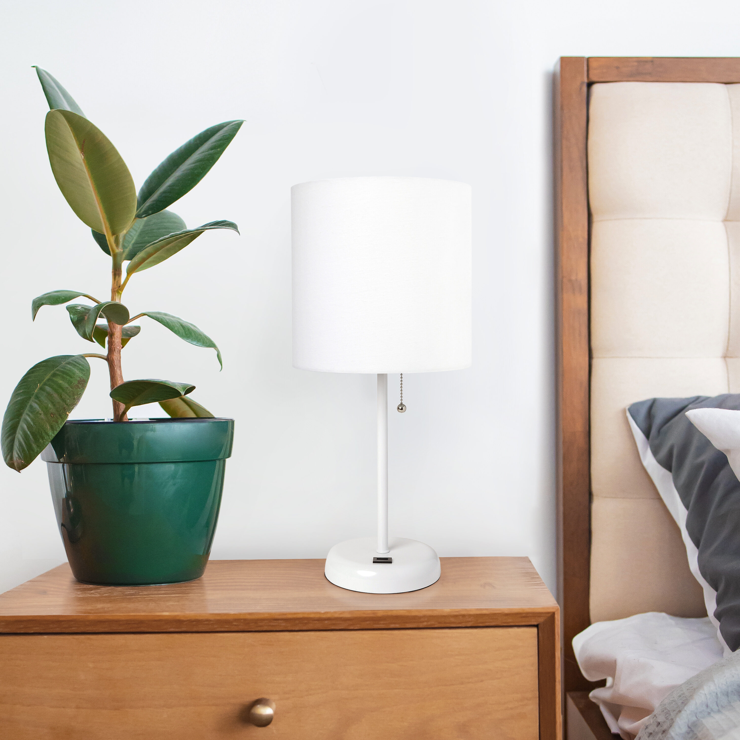 Creekwood Home CWT-2011-WO Oslo 19.5-in White Base/White Shade LED Incandescent Pull-chain Stick Table Lamp with Fabric Shade