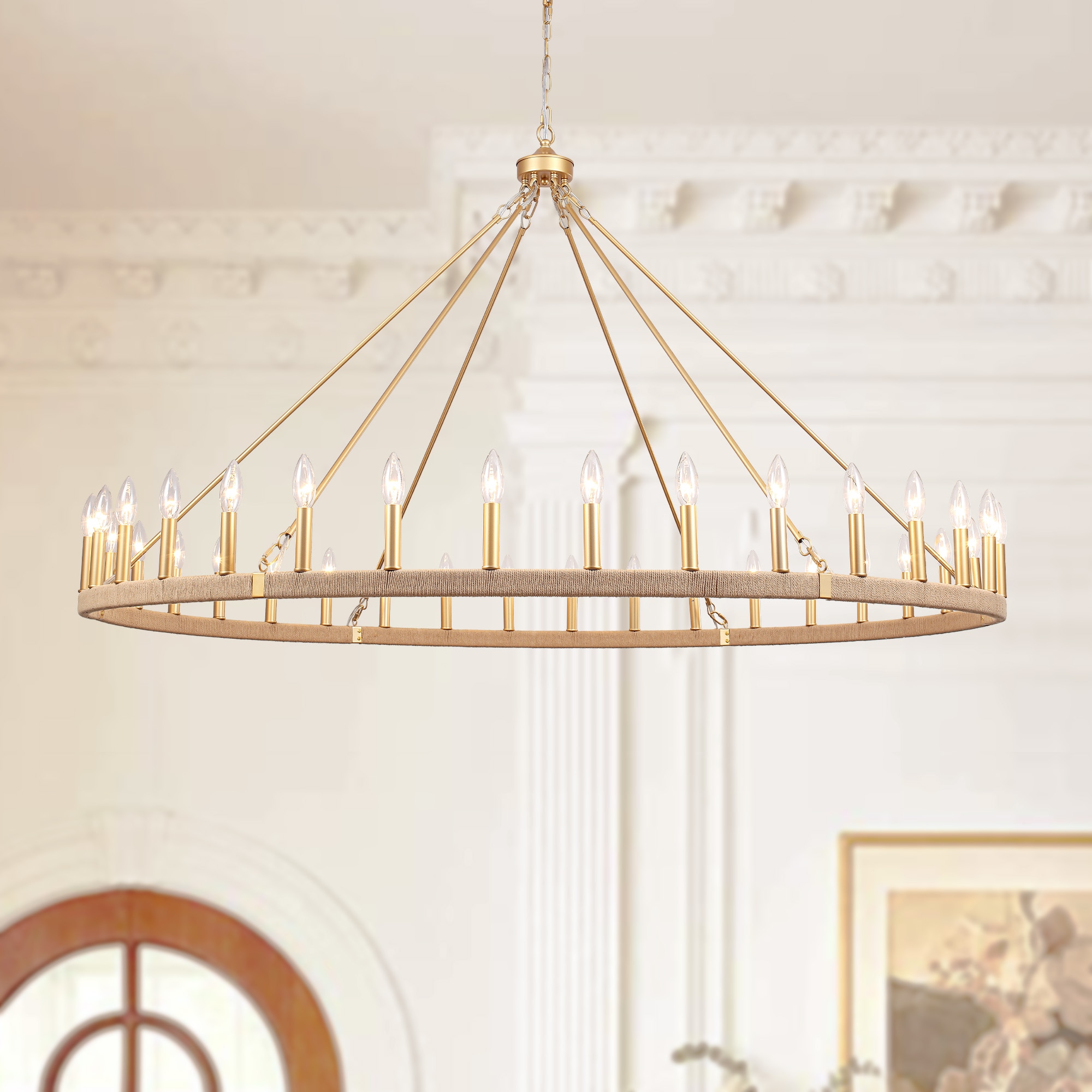 HLJYNJM 60 Inch Large Gold Wagon Wheel Chandelier 36-Light Farmhouse Circular Ring Iron Candle Style Light for Living Room