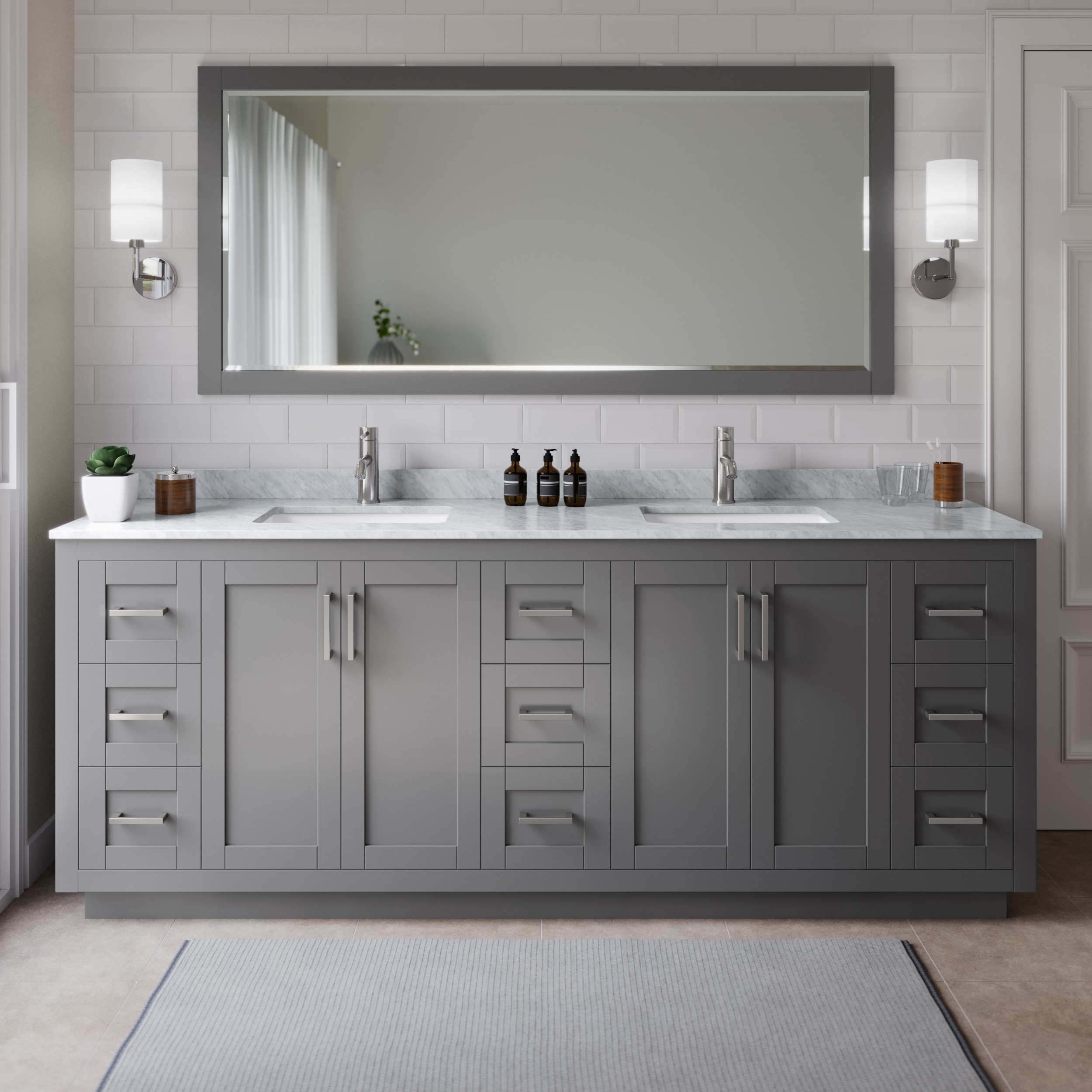 Wyndham Collection WCF292984DKGCMUNSMXX Miranda 84-in Dark Gray with Brushed Nickel Trim Undermount Double sink Bathroom Vanity with White Carrara Marble Marble Top