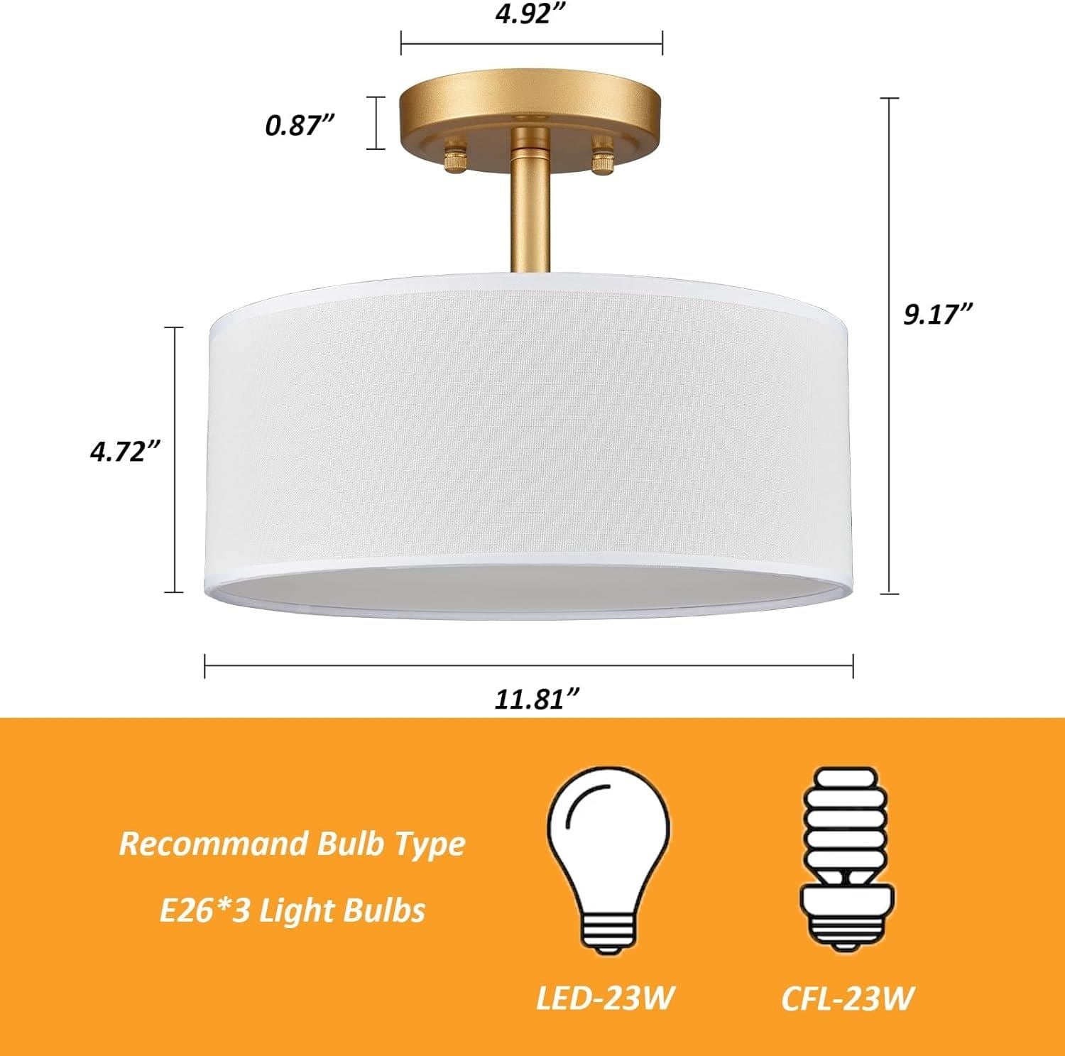 Brushed Brass and White Fabric Drum LED Ceiling Light