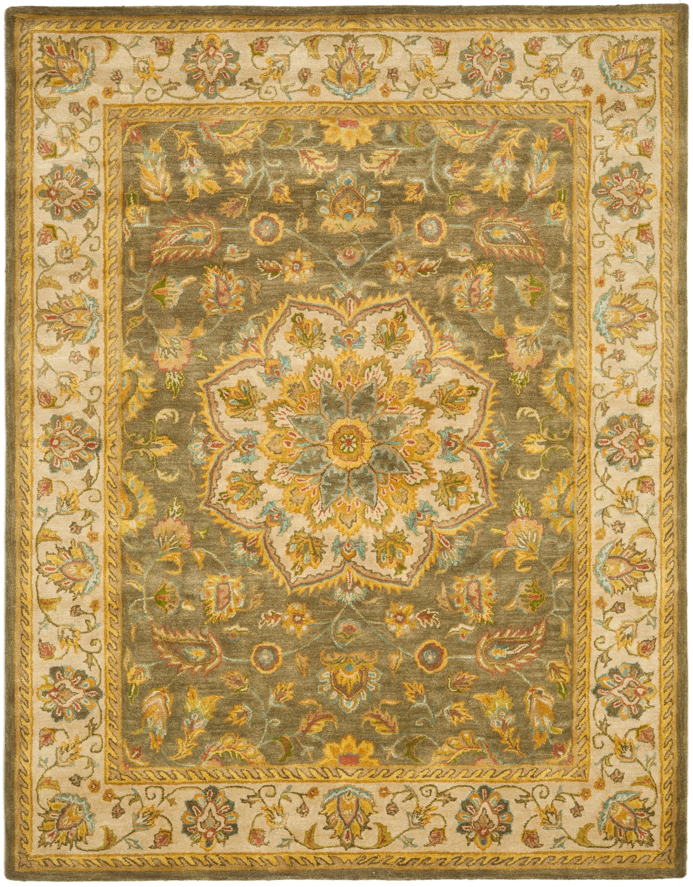 Ivory and Green Hand-Tufted Wool Area Rug, 5' x 8'