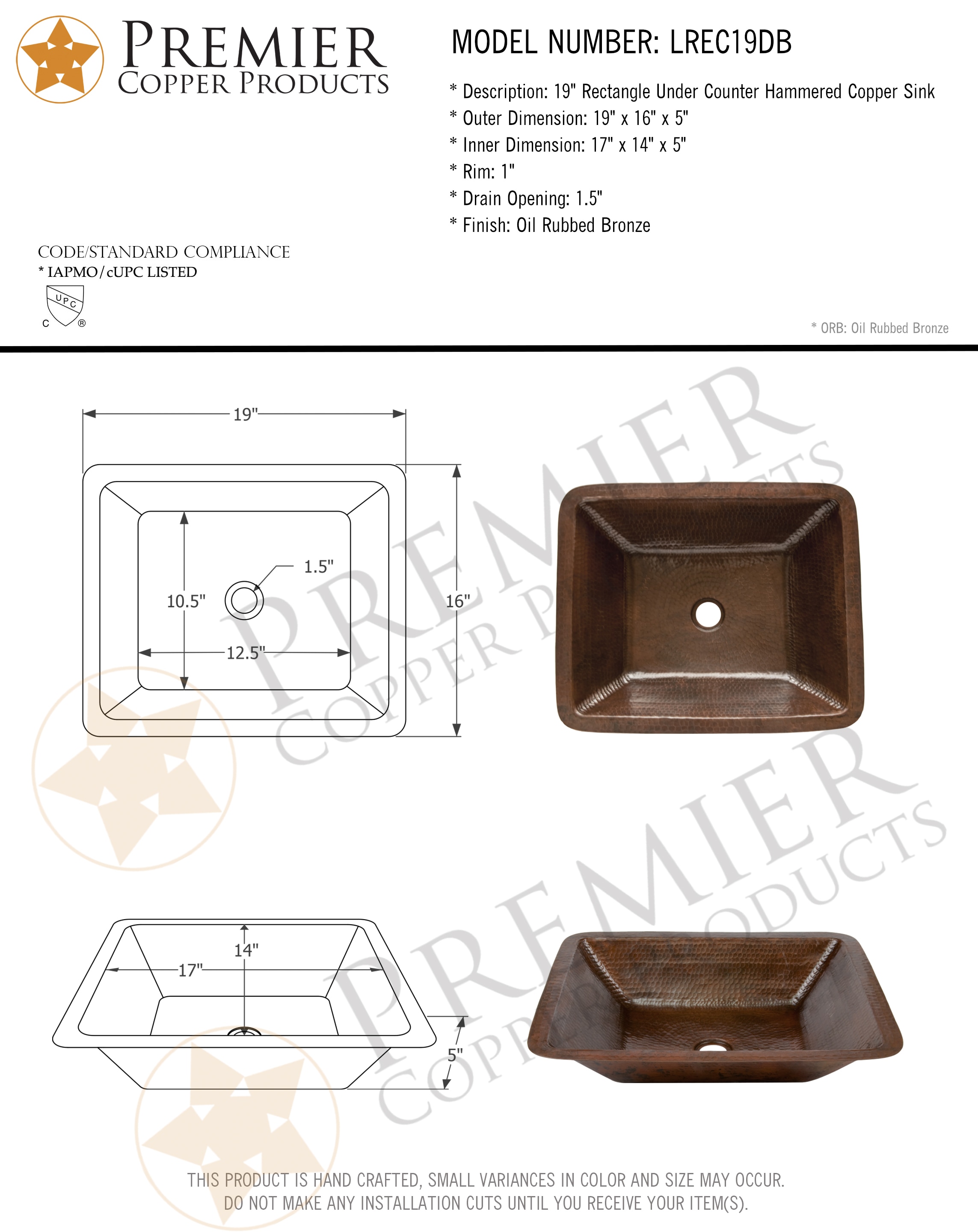 PREMIER COPPER PRODUCTS LREC19DB Bath-Sink - View #9
