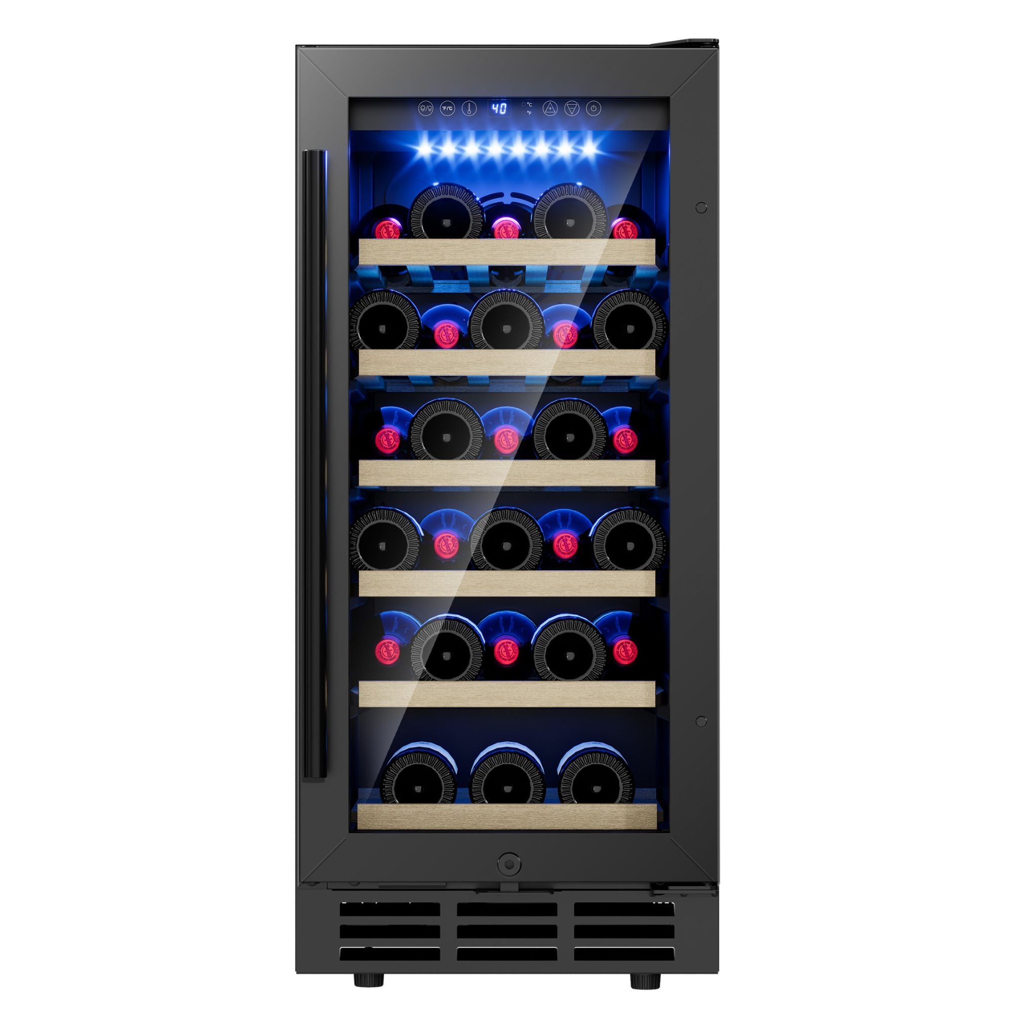 SIMZLIFE FWC003-15BL-S-LS-SC 15-in 28-Bottle Black Built-in/Freestanding Indoor Wine Cooler Beverage Refrigerator with Double Layer Glass Door and 6 Shelves