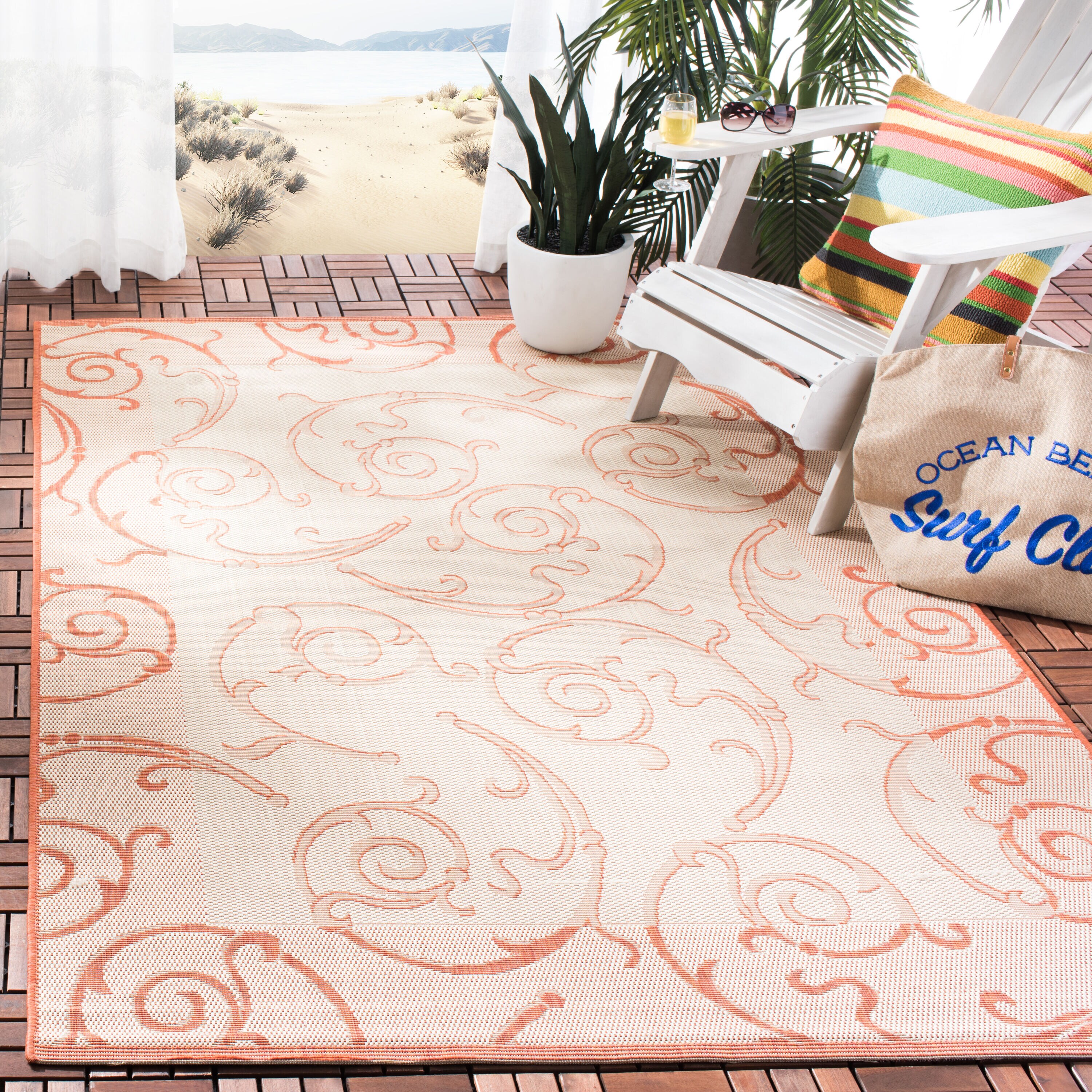 Safavieh CY2665-3201-7SQ Courtyard Scrolls 7 x 7 (ft) Loomed Polypropylene Natural/Terra Square Indoor/Outdoor Border Area rug