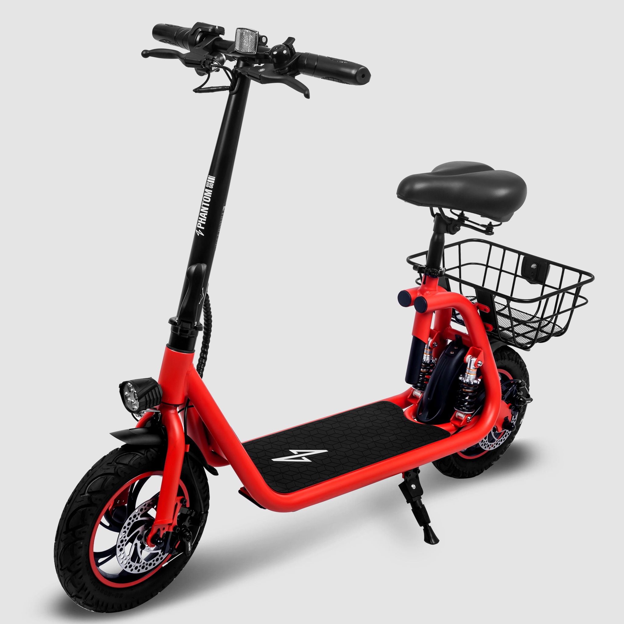 Phantom R1 PRO - RED The Commuter R1 Pro Seated Electric Scooter Is Our Newly Updated, Convenient, and Efficient E-scooter. It Can Reach Speeds Of Up To 15.5-MPH and Has An Extended Range Of 20 Miles On A Full Charge, Making It Perfect For Longer Commutes and Daily Use