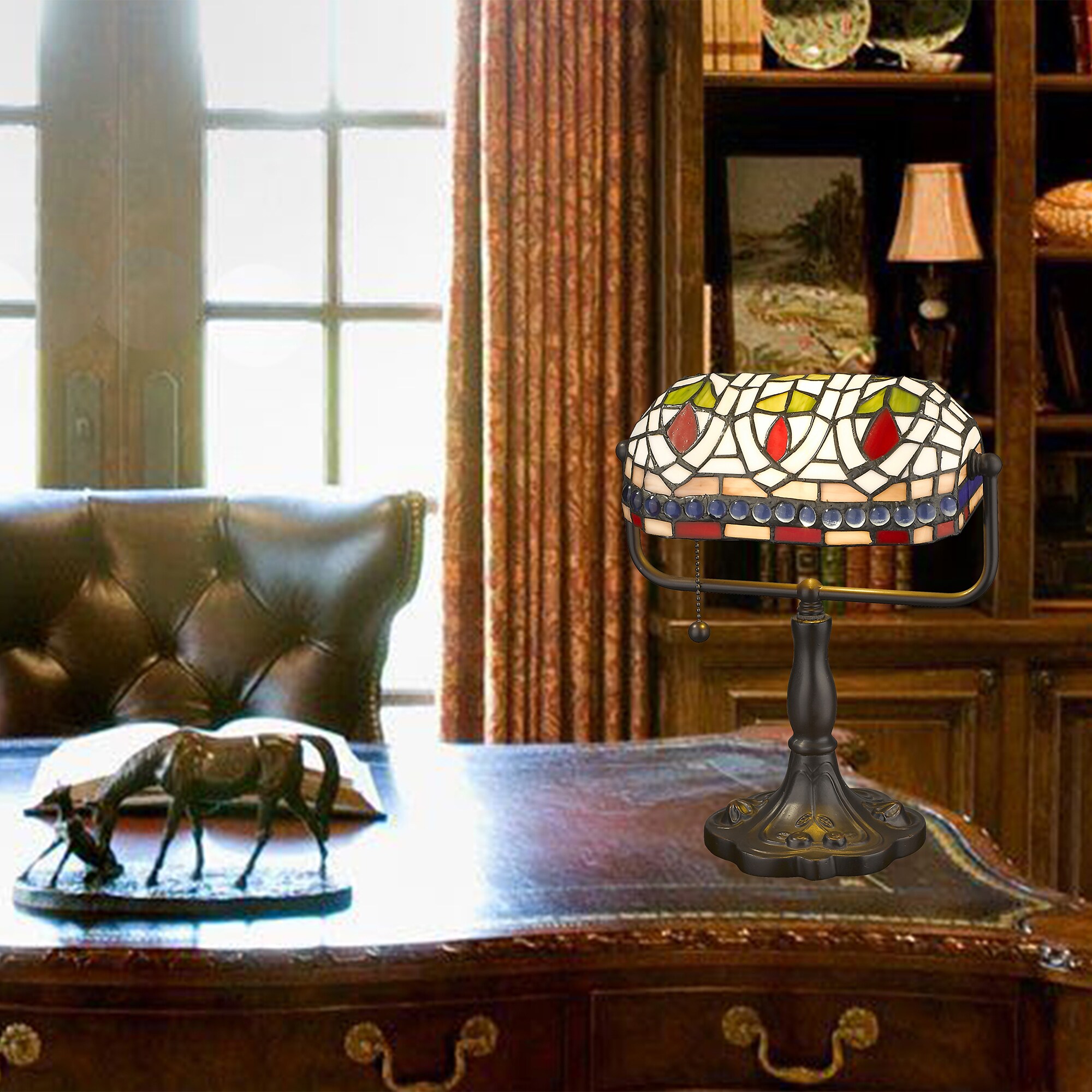 Bronze Stained Glass Desk Lamp with Blue Gemstones, 15-inch