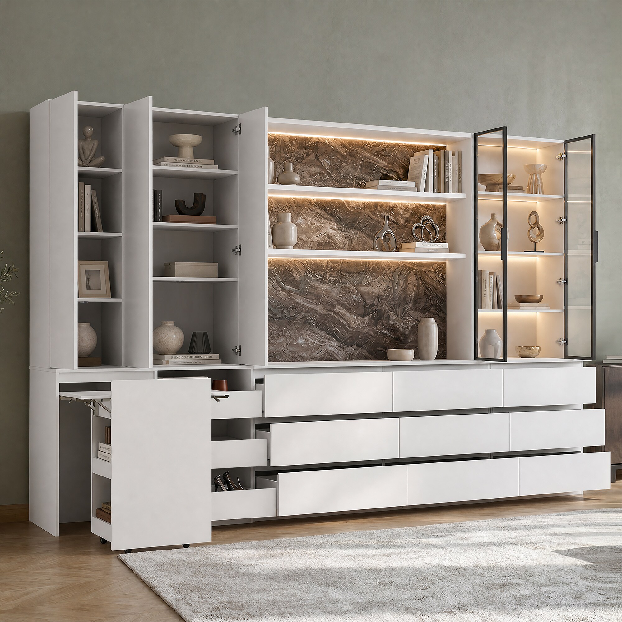 Homsee Kitchen Pantry Cabinet Set with Drawers Shelves Stone Look ...