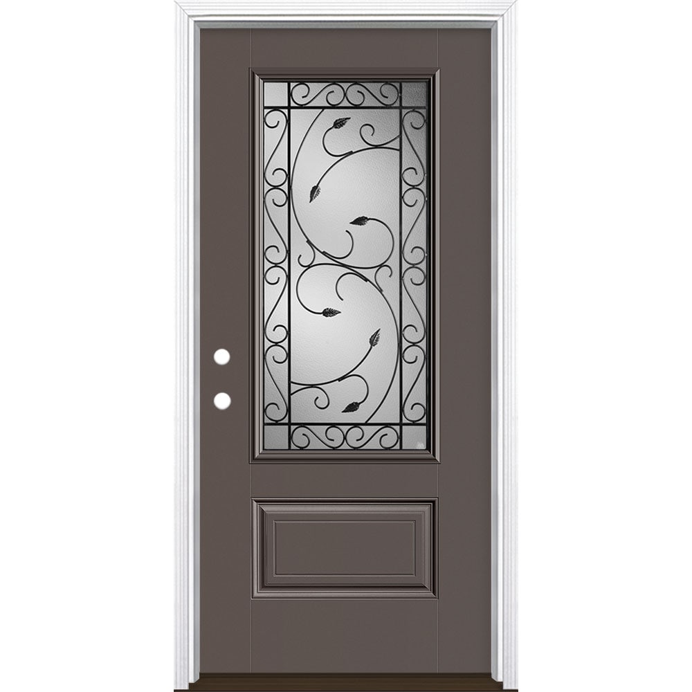 Masonite 3422508 Pergola 36-in x 80-in x 4-9/16-in Fiberglass 3/4 lite Right-hand inswing Timber Gray Painted Prehung Front Door with Brickmould Insulating core
