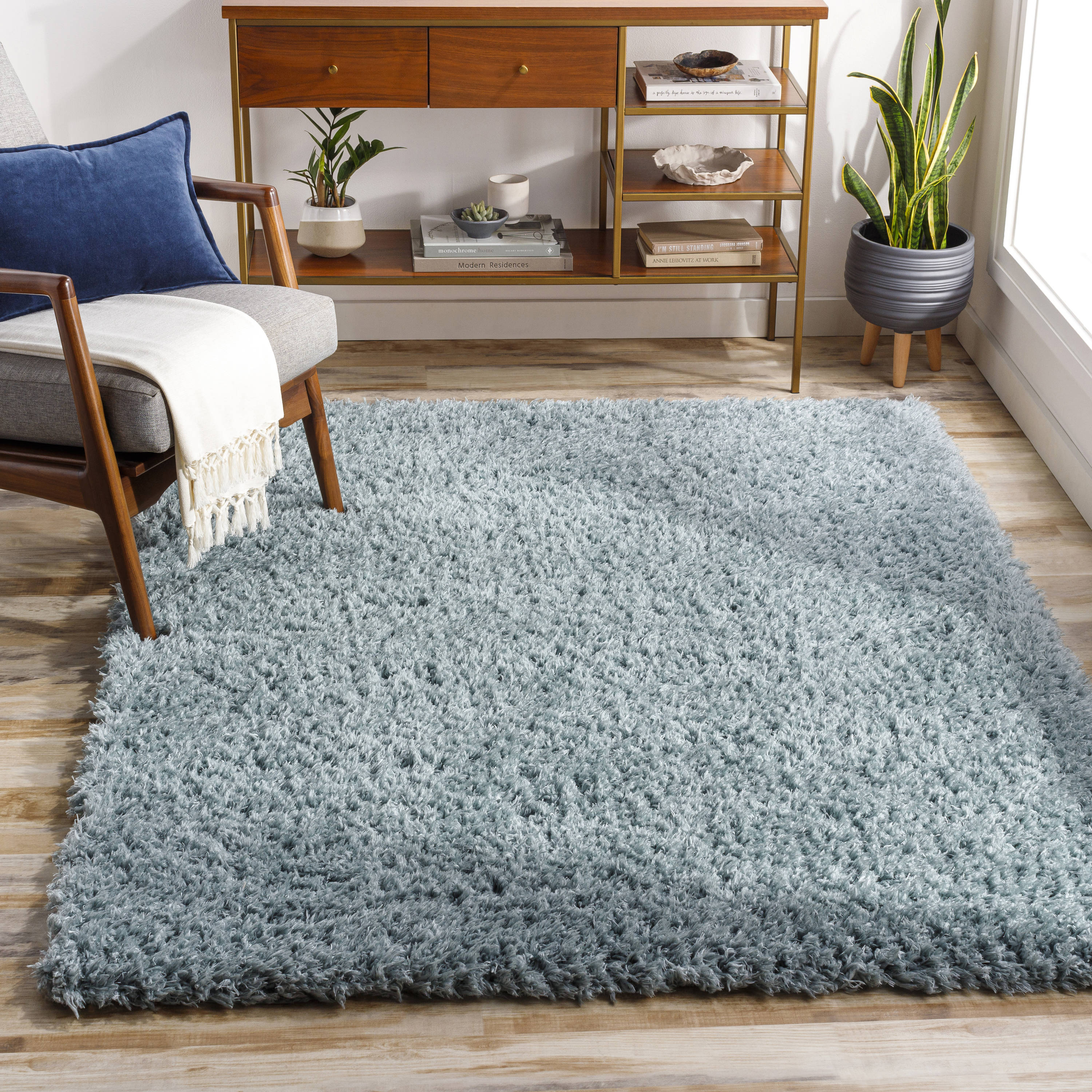 Livabliss ANG2303-537 Angora 5 x 7 (ft) Polyester Ice Blue Rectangular Indoor Solid Mid-Century Modern Area rug
