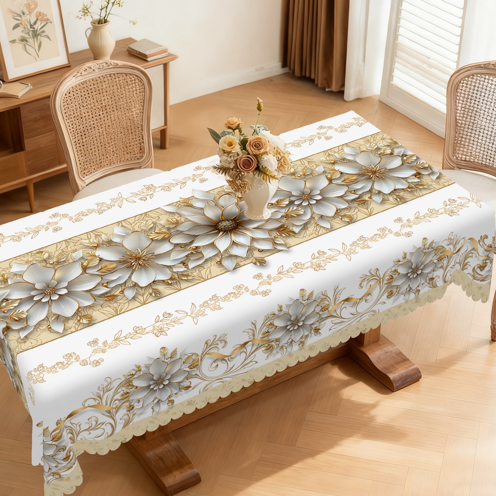 WISH TREE Washable Yellow Floral Tablecloth Rectangle 60x86 Inch Seasonal Flower Table Cover for Party Picnic Dinner Christmas Decor