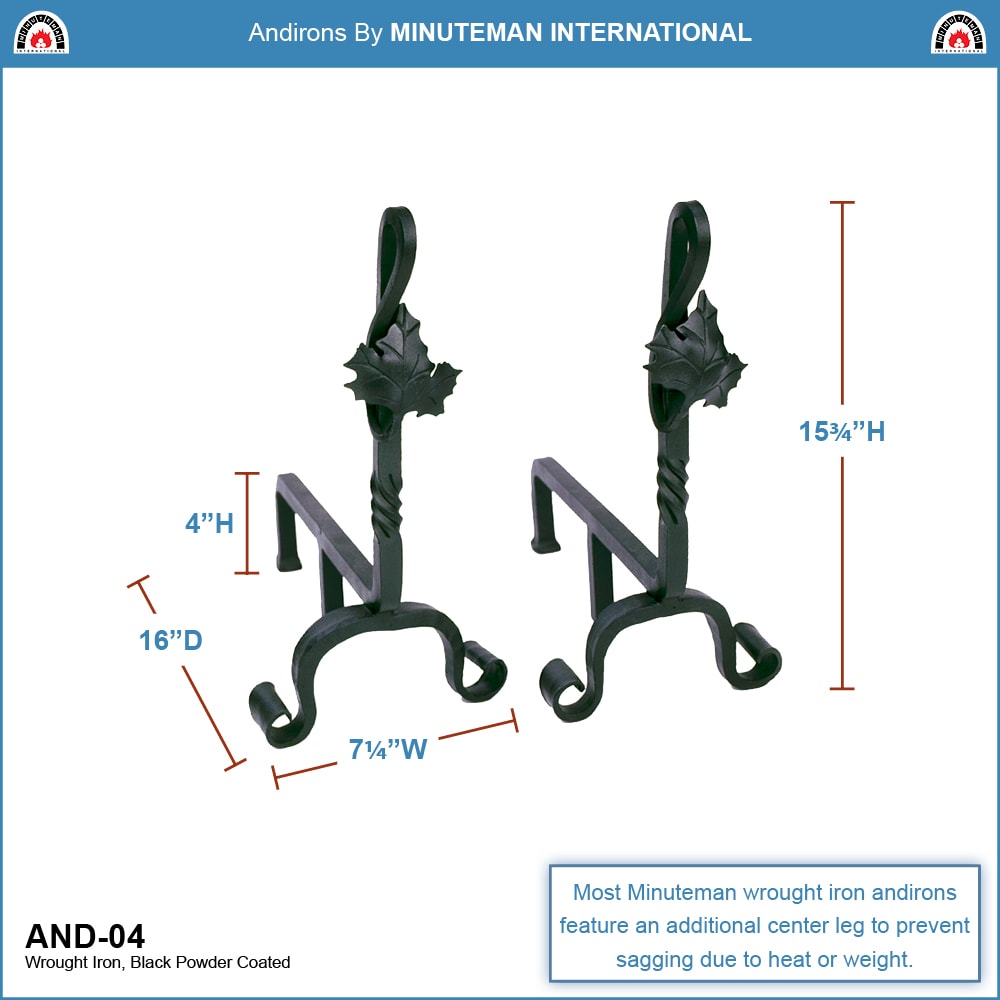 15.25" Black Wrought Iron Maple Leaf Fireplace Andirons
