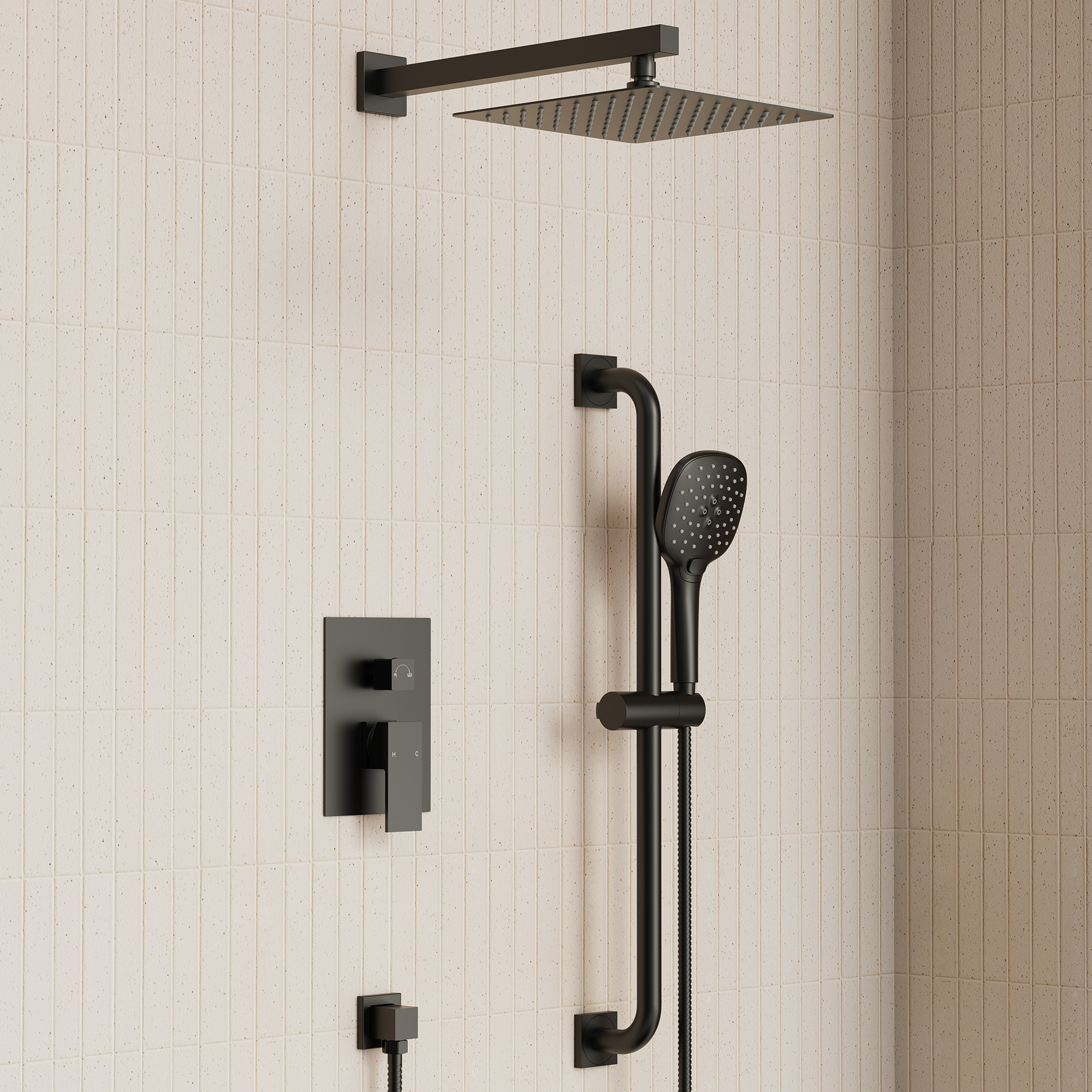 EVERSTEIN  Matte Black 10-Inch Square Rain Shower Faucets with Adjustable Slide Bar 3 Function Handheld Shower and Pressure Balanced Valve