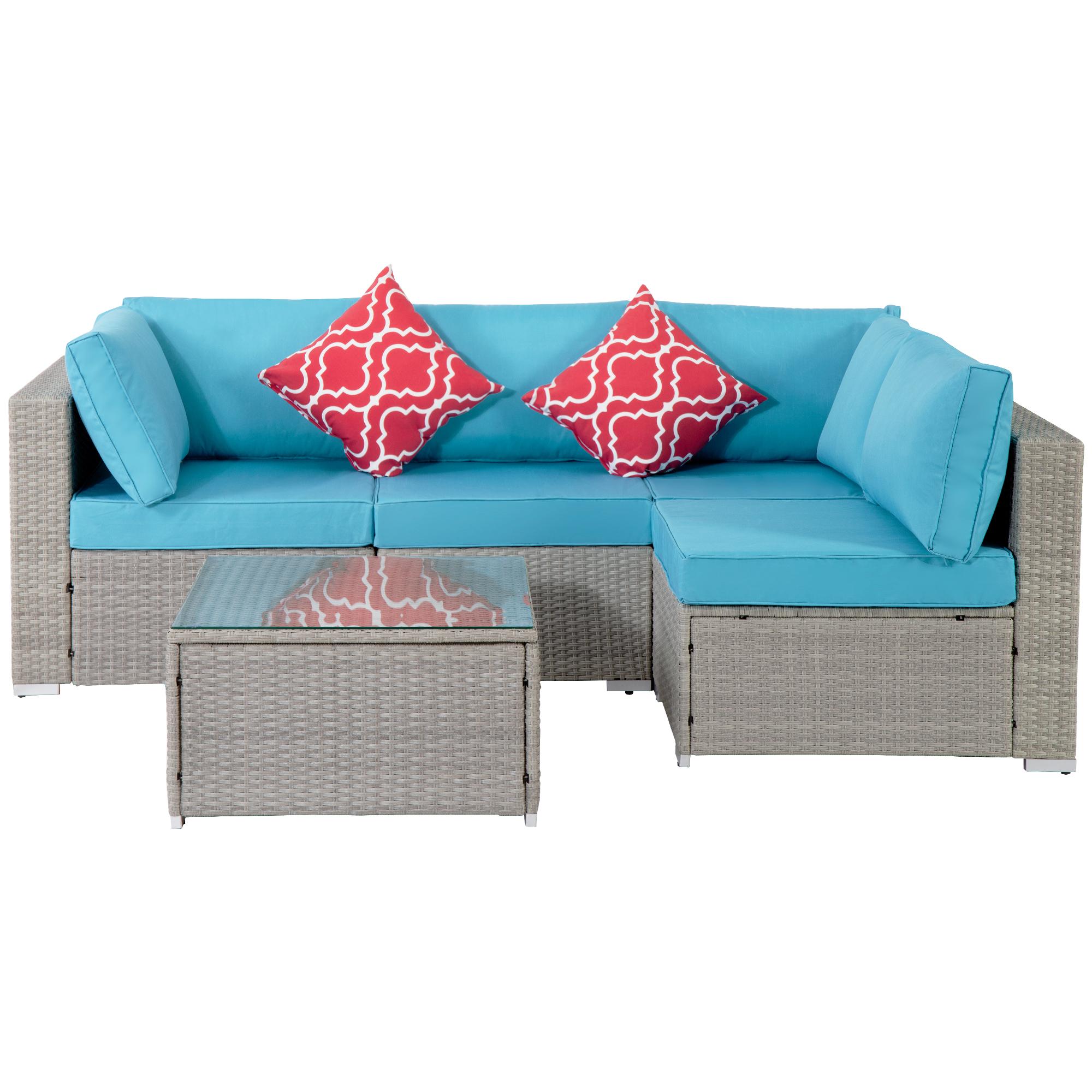 Bayfeve BFAG-213S007 5-Piece PE Rattan Wicker Patio Conversation Set Garden Patio Furniture Set Sectional Cushioned Sofa Set with 2 Pillows and Coffee Table